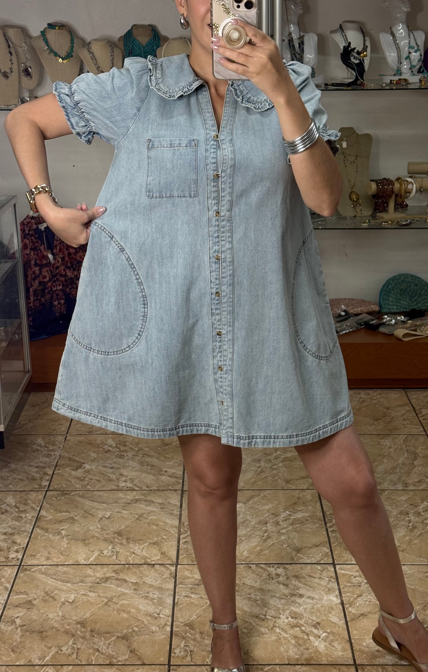 Peter Pan Neckline Denim Dress