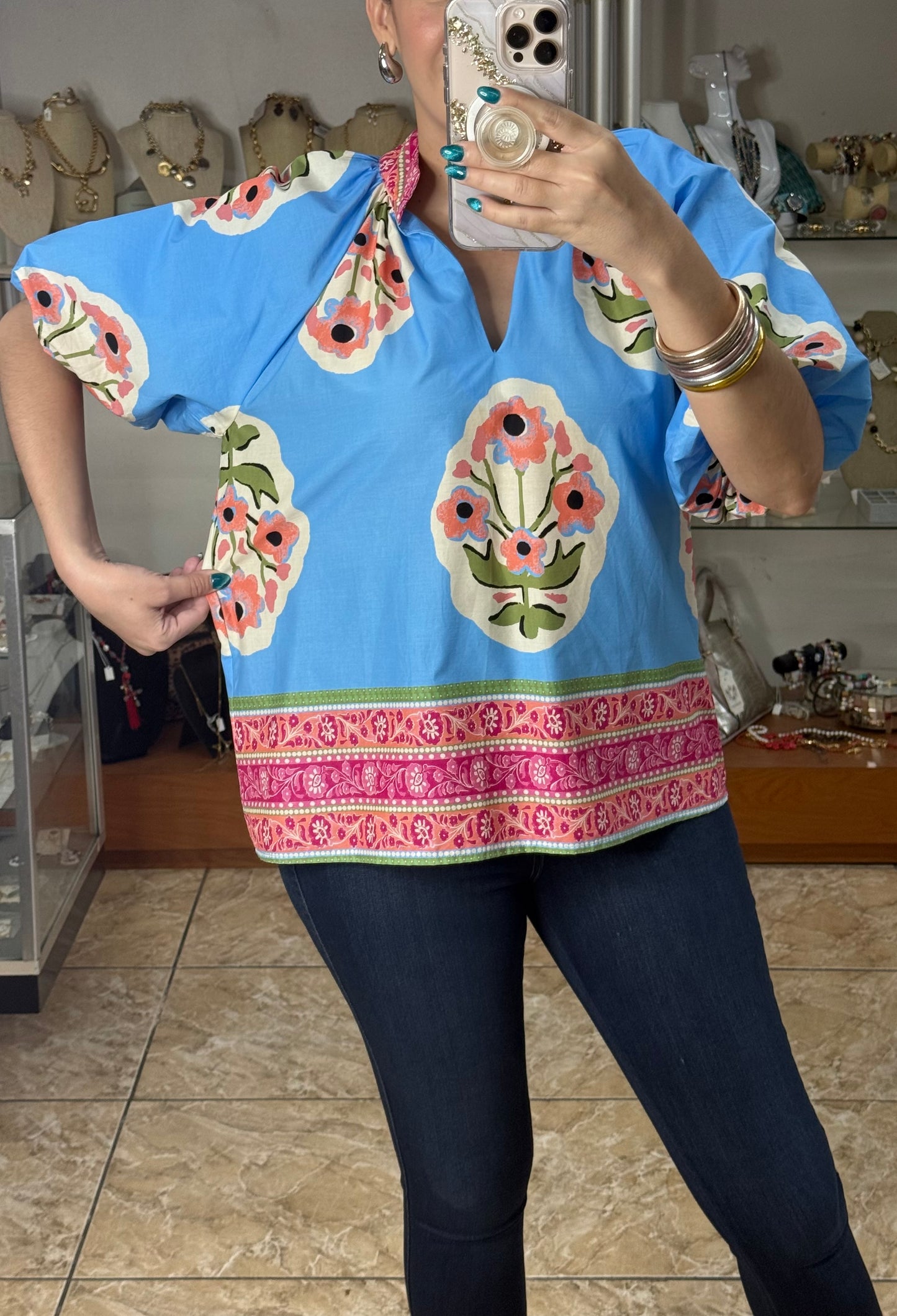 Blue Printed Puff Sleeves Top