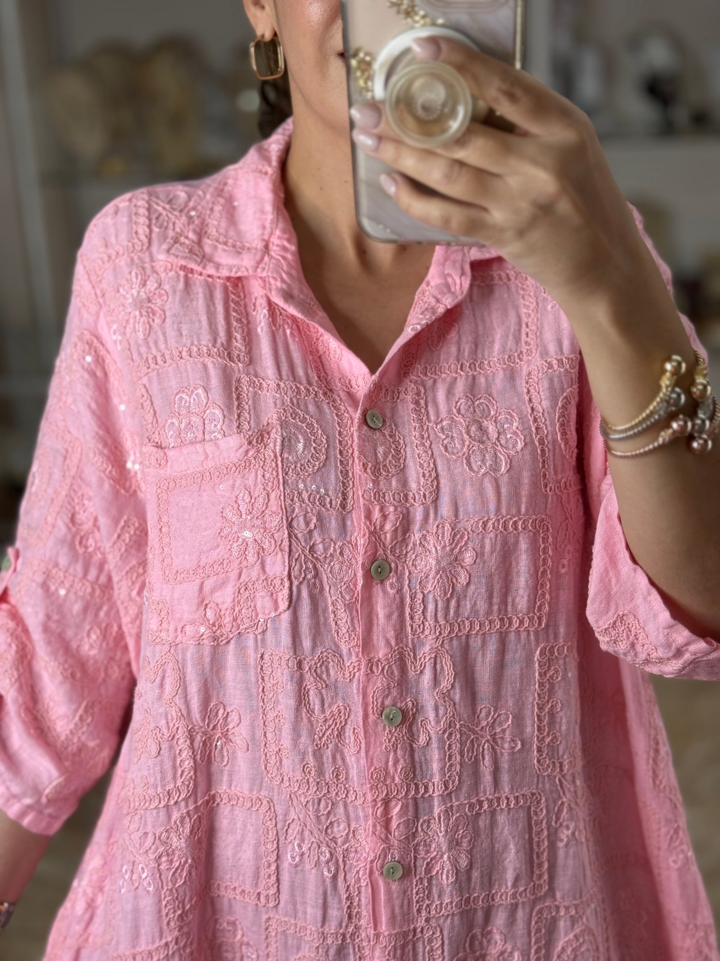 OS Sequins Embroidered Linen Maxi Dress (NO RETURNS OR EXCHANGE)