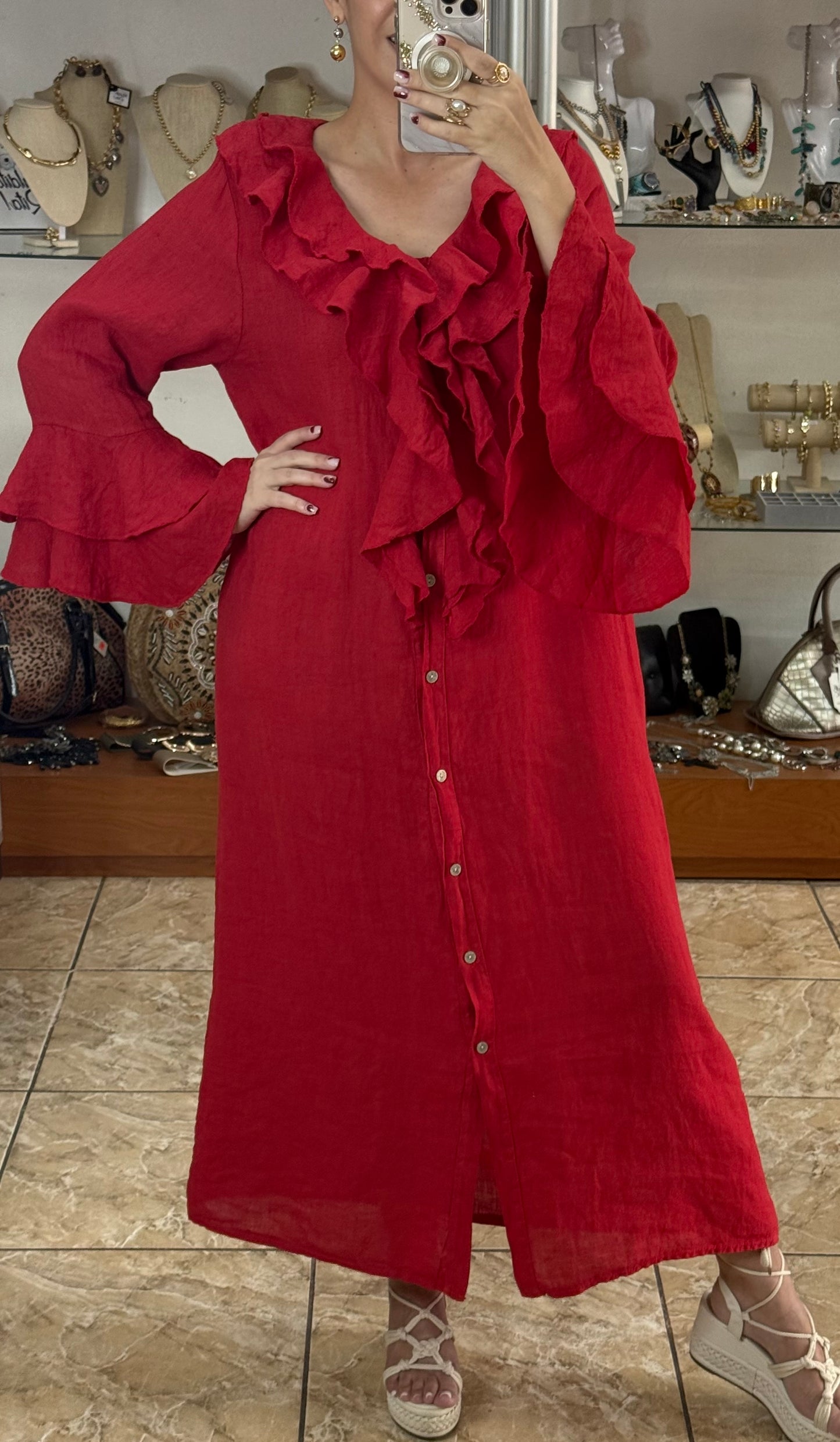 Ruffle Details OS Linen Maxi Dress (FINAL SALE)