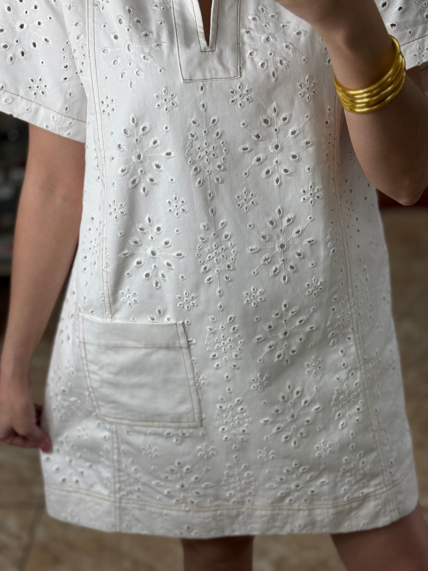 Cream Eyelet Details Denim Dress (FINAL SALE)