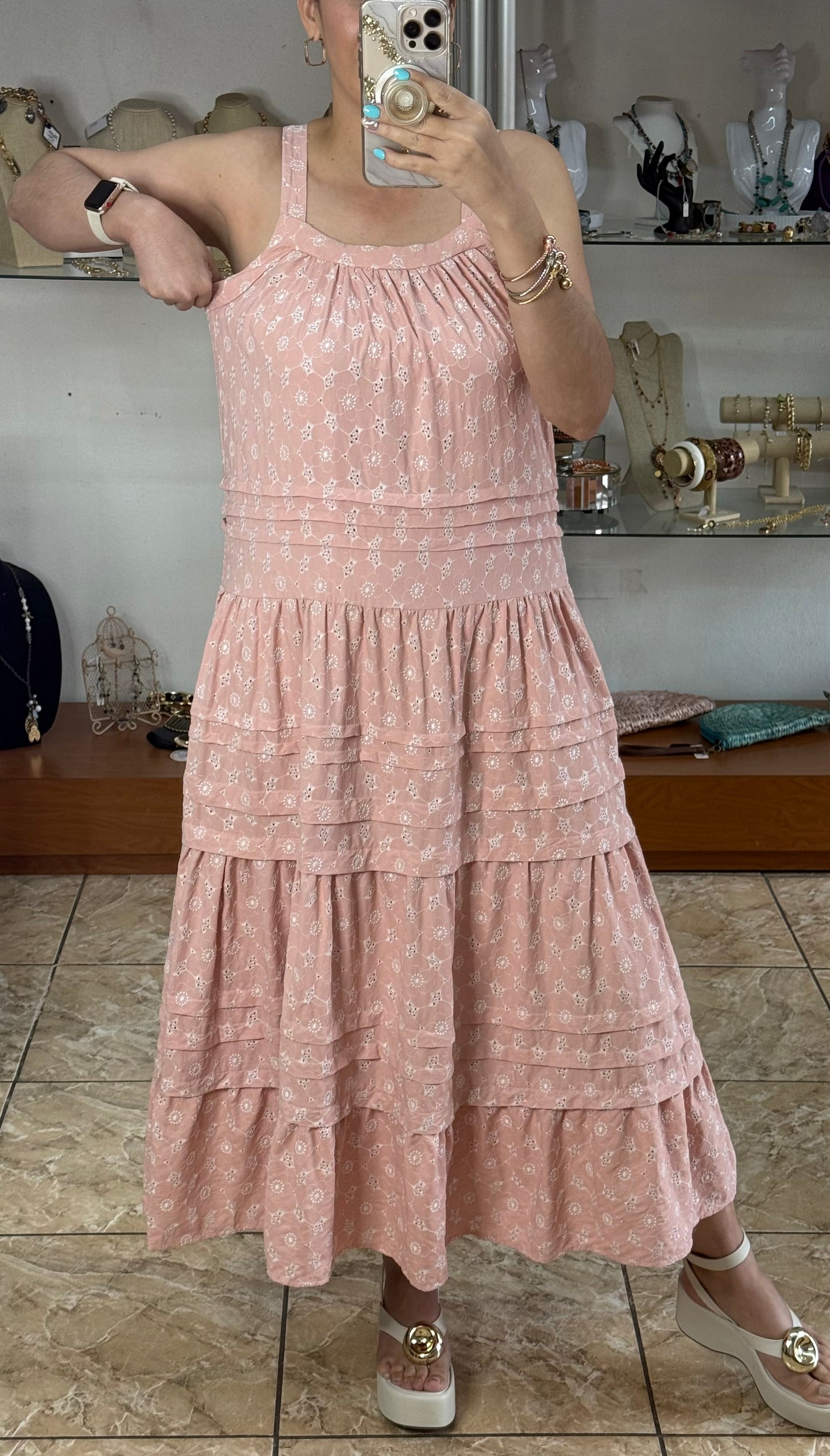 Pink Embroidered Midi Dress