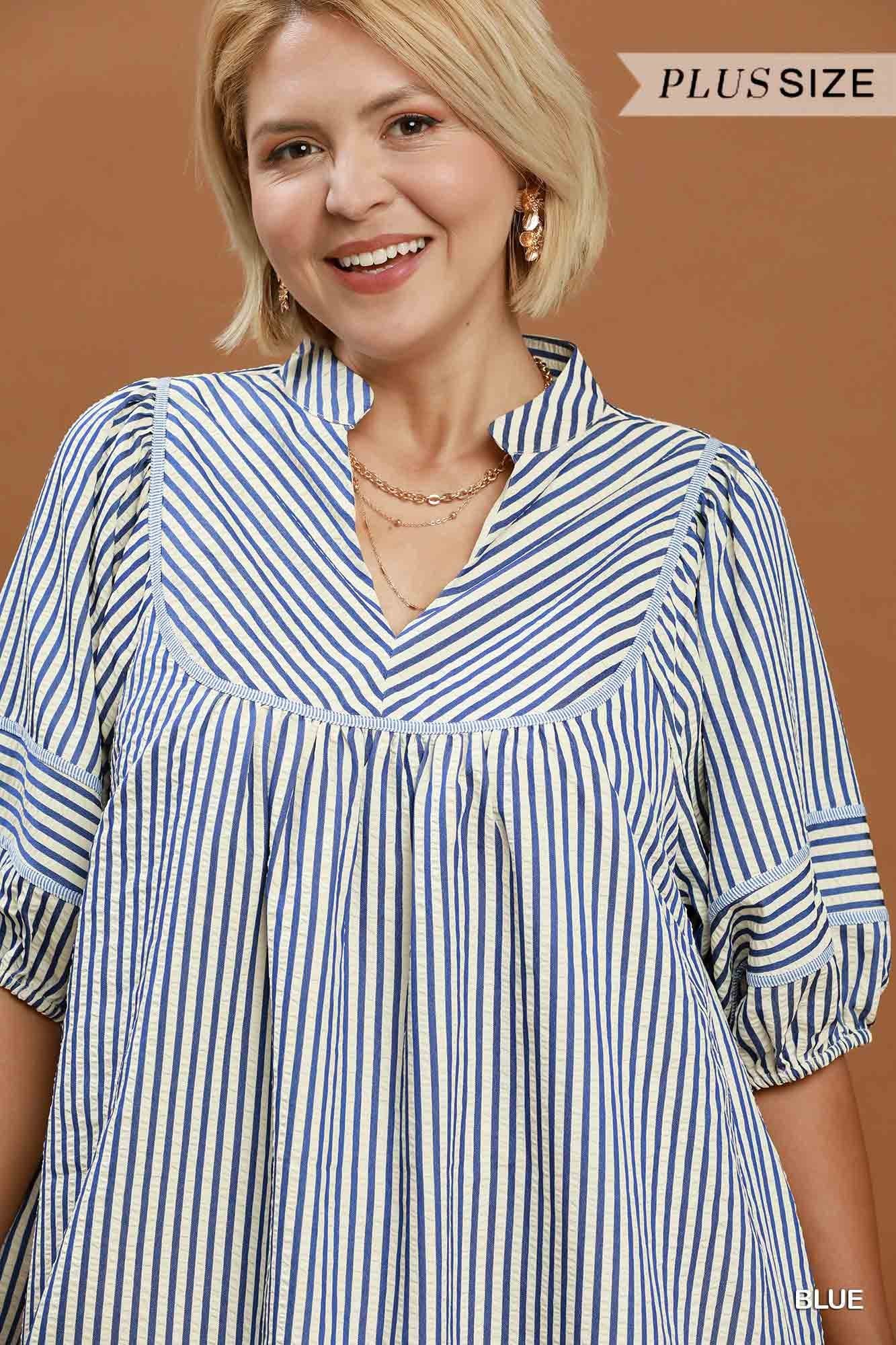 Blue Striped Puff Sleeve Shift Dress (PLUS)