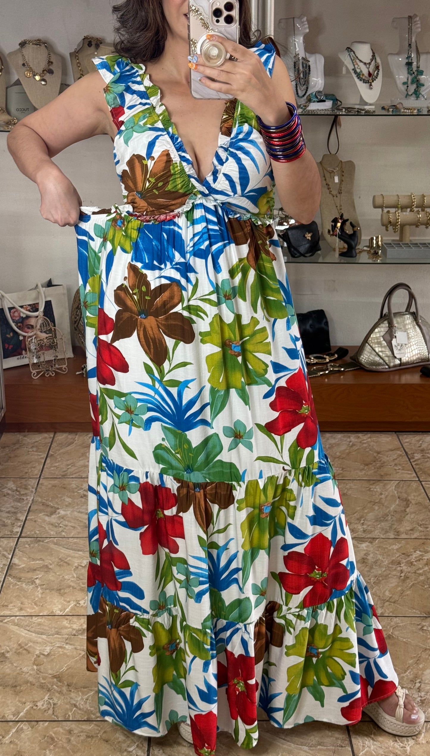Tropical Floral Open Back Maxi Dress