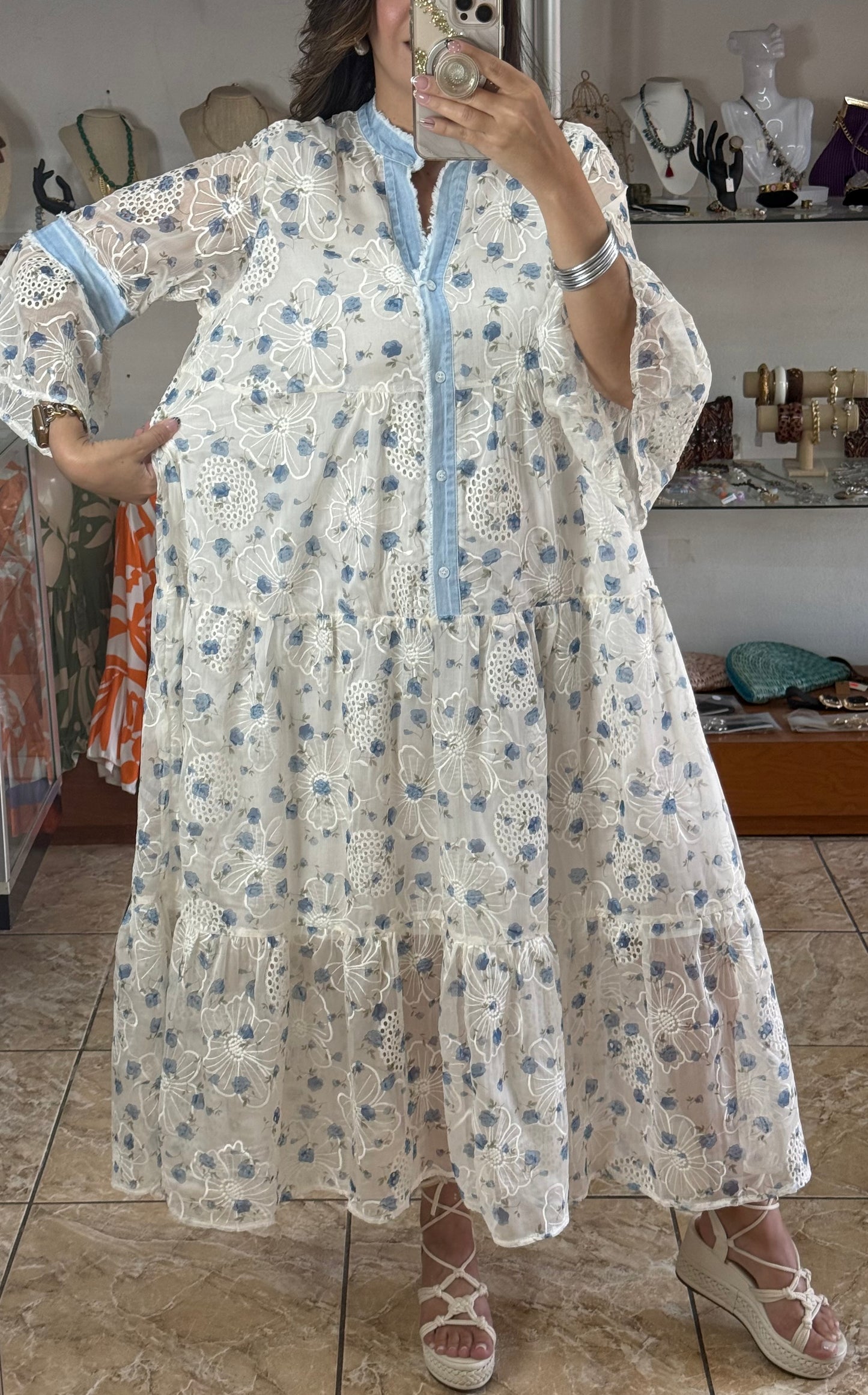 Blue Flowers OS Embroidered Maxi Dress (NO RETURNS OR EXCHANGE)