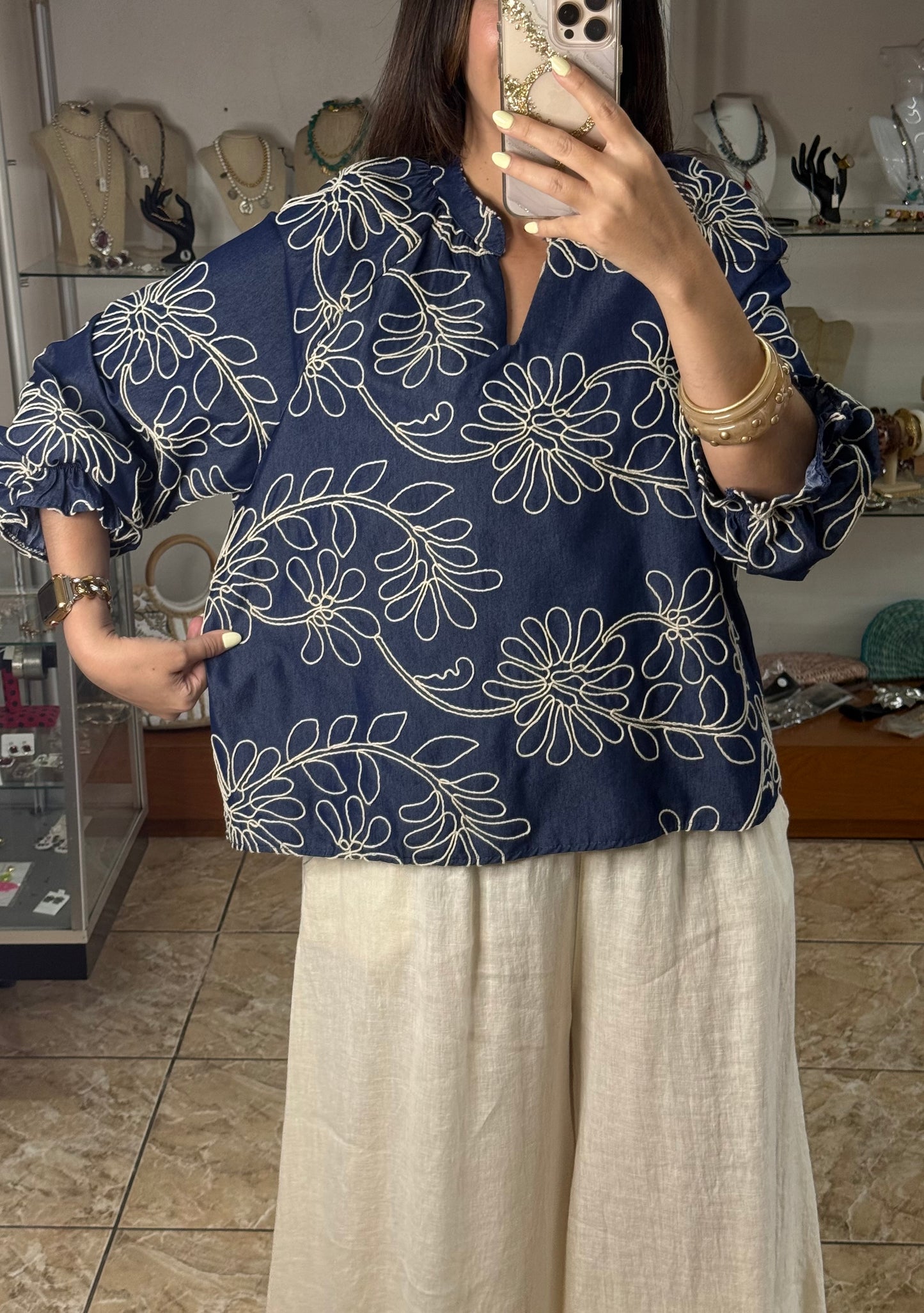 Long Sleeves OS Blue Denim Embroidered Top (NO RETURNS OR EXCHANGE)