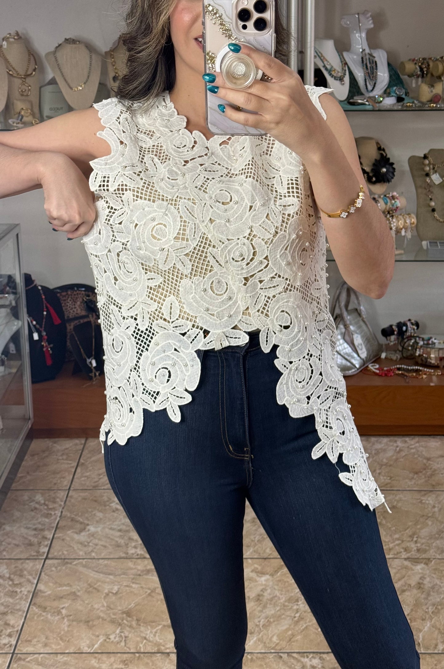 Pearls Lace Asymmetrical OS Top (FINAL SALE)