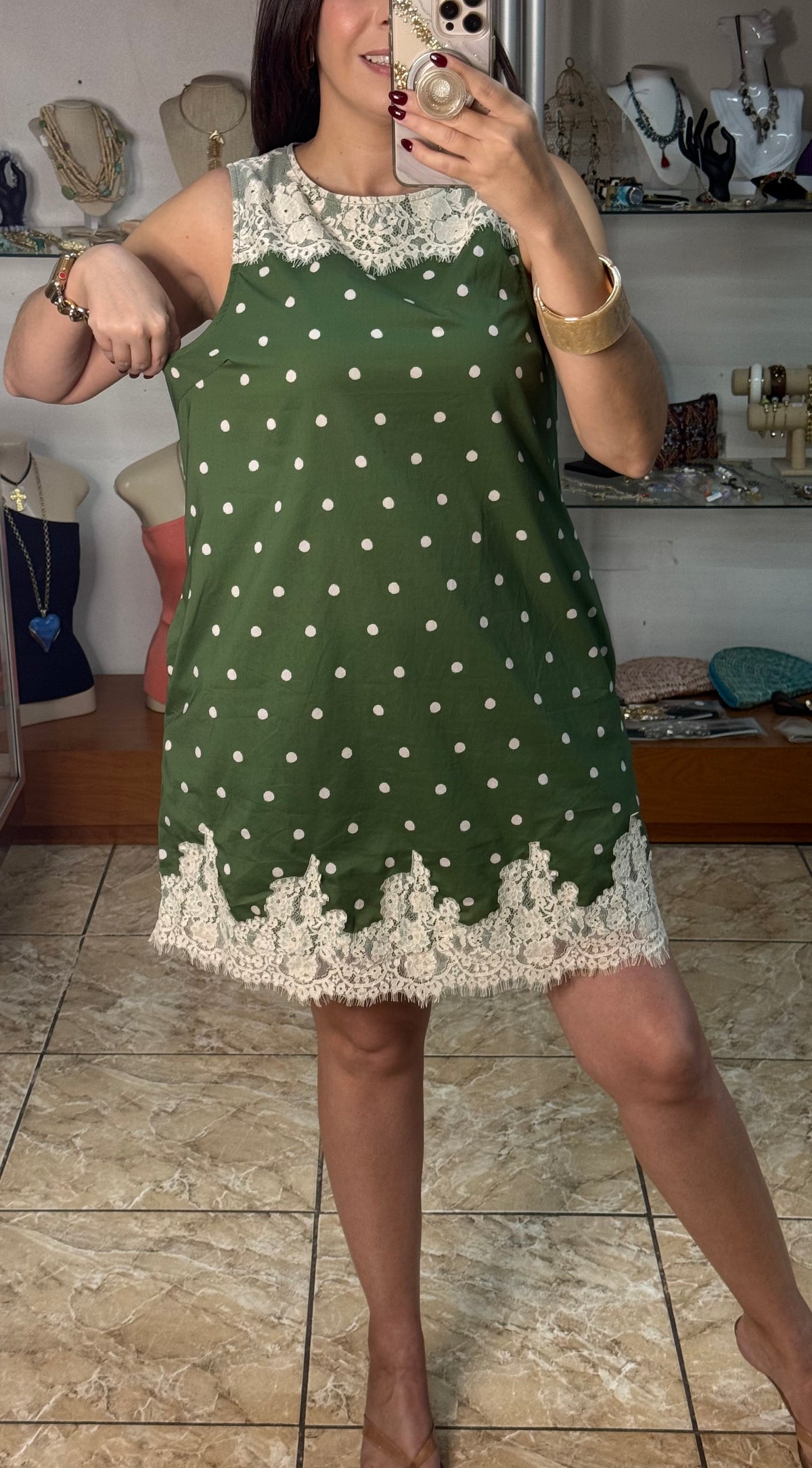 Sleeveless Olive Polkadot with Lace Details Dress