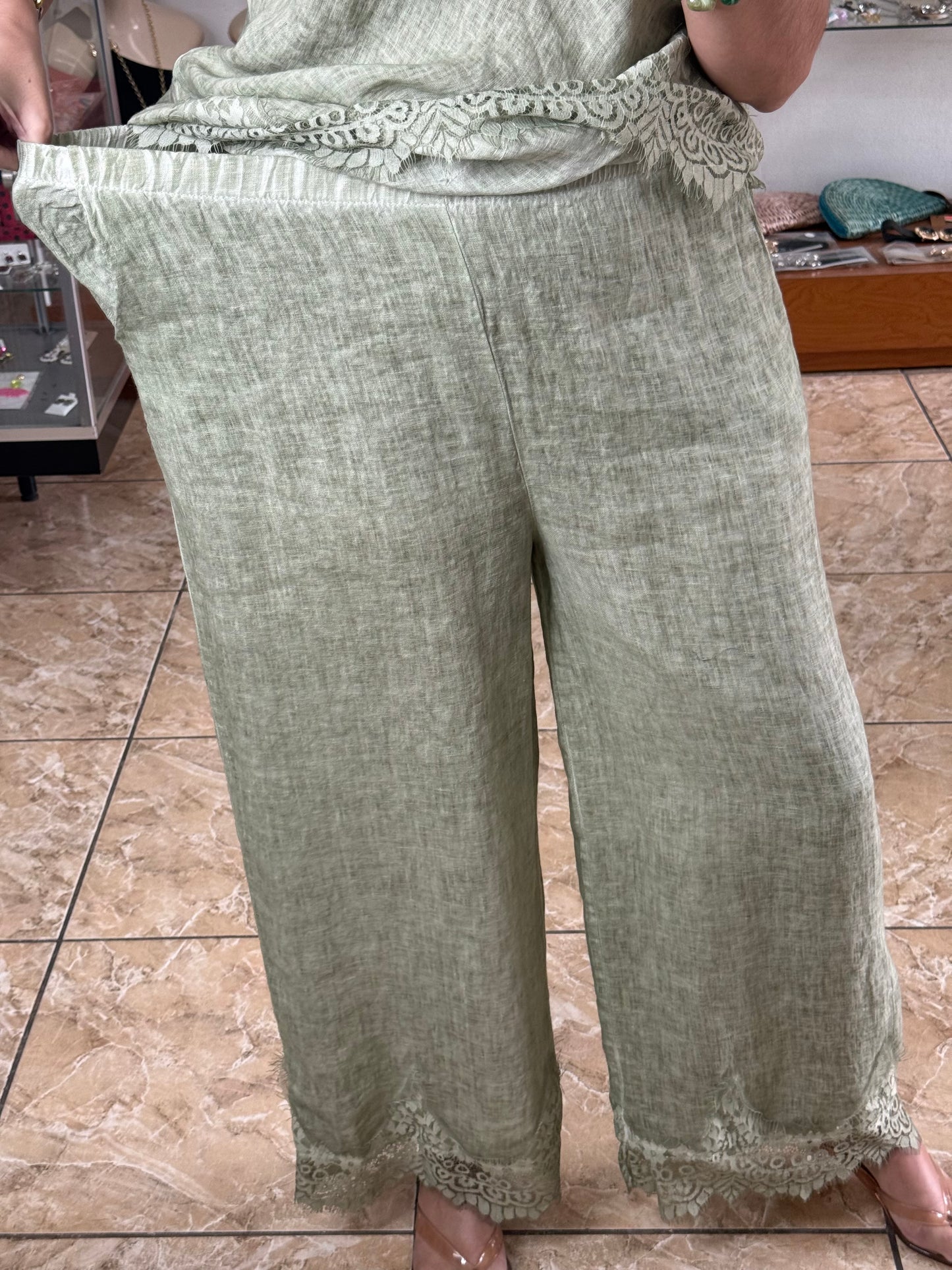 Linen/Lace Top & Pant OS Set (NO RETURNS OR EXCHANGE)
