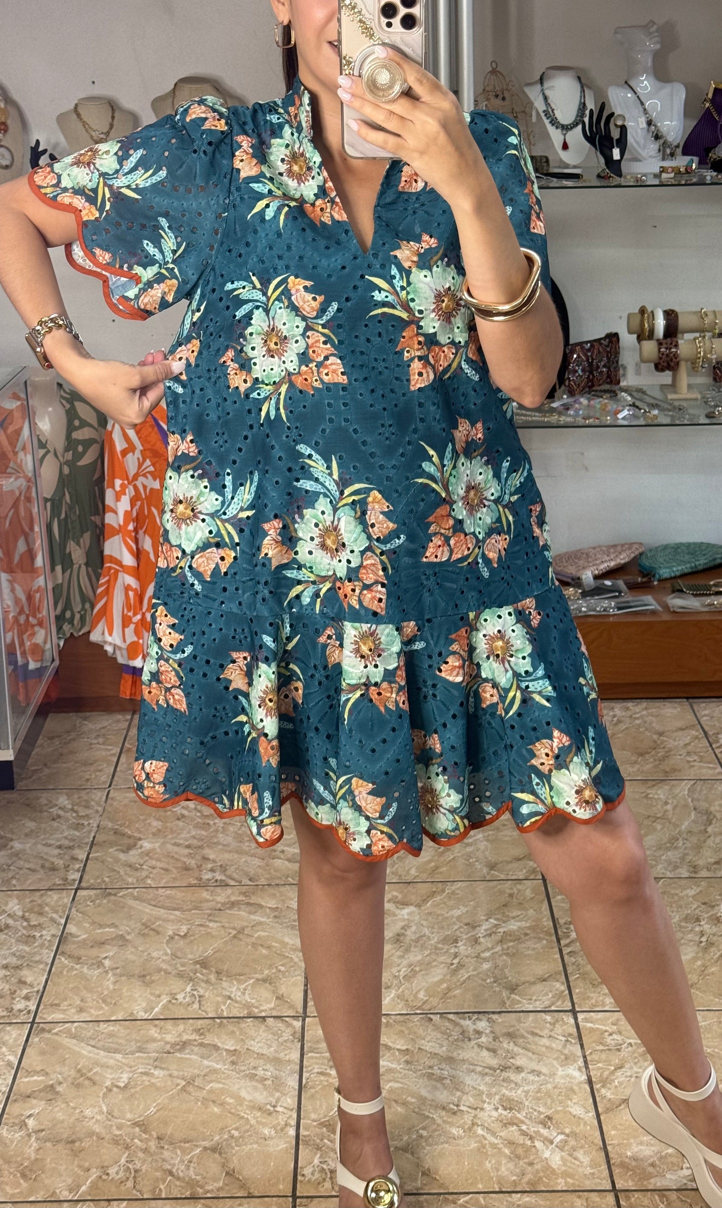 Teal Floral Eyelet Dress