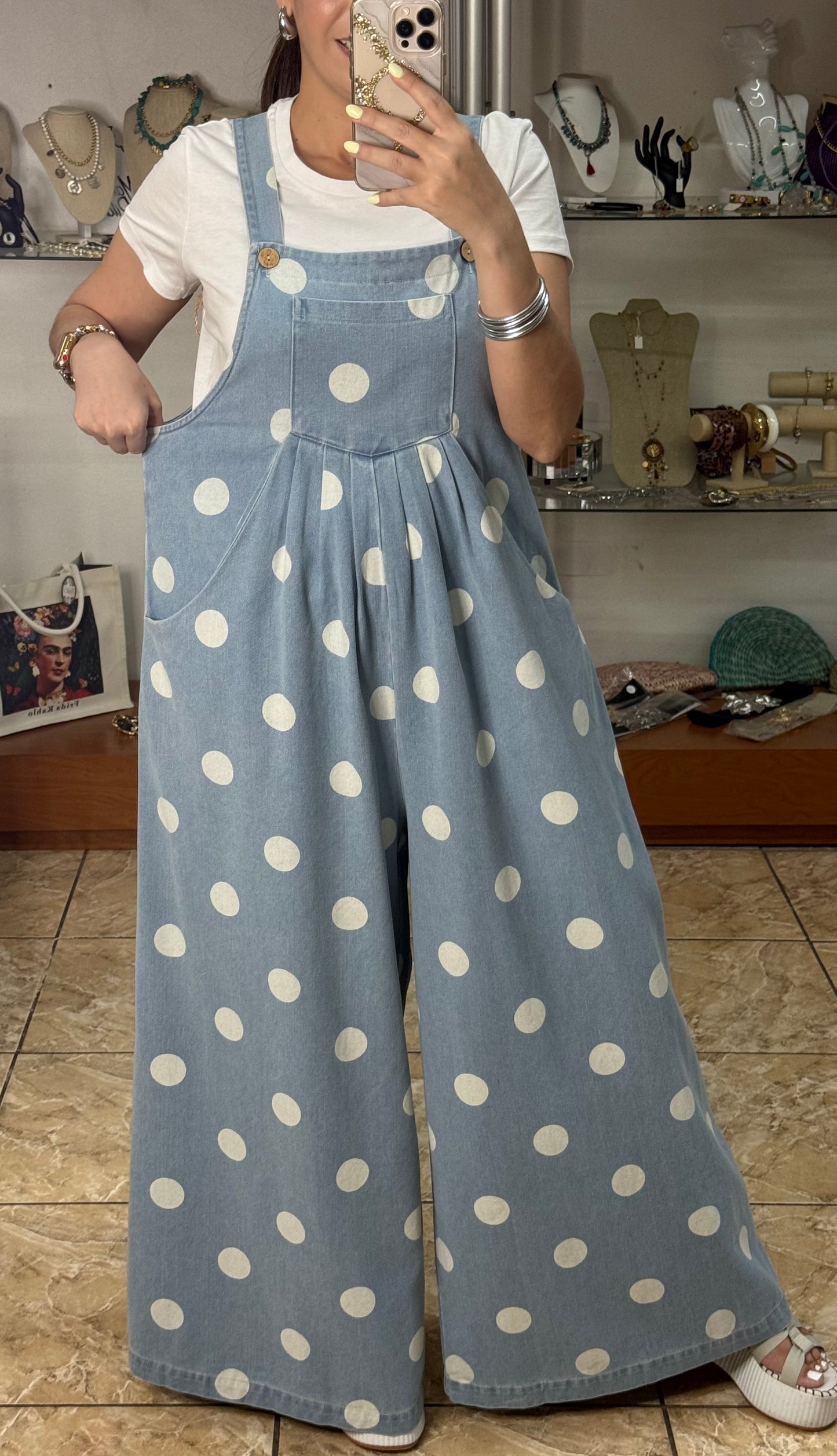 Denim Polkadot Overall Jumpsuit