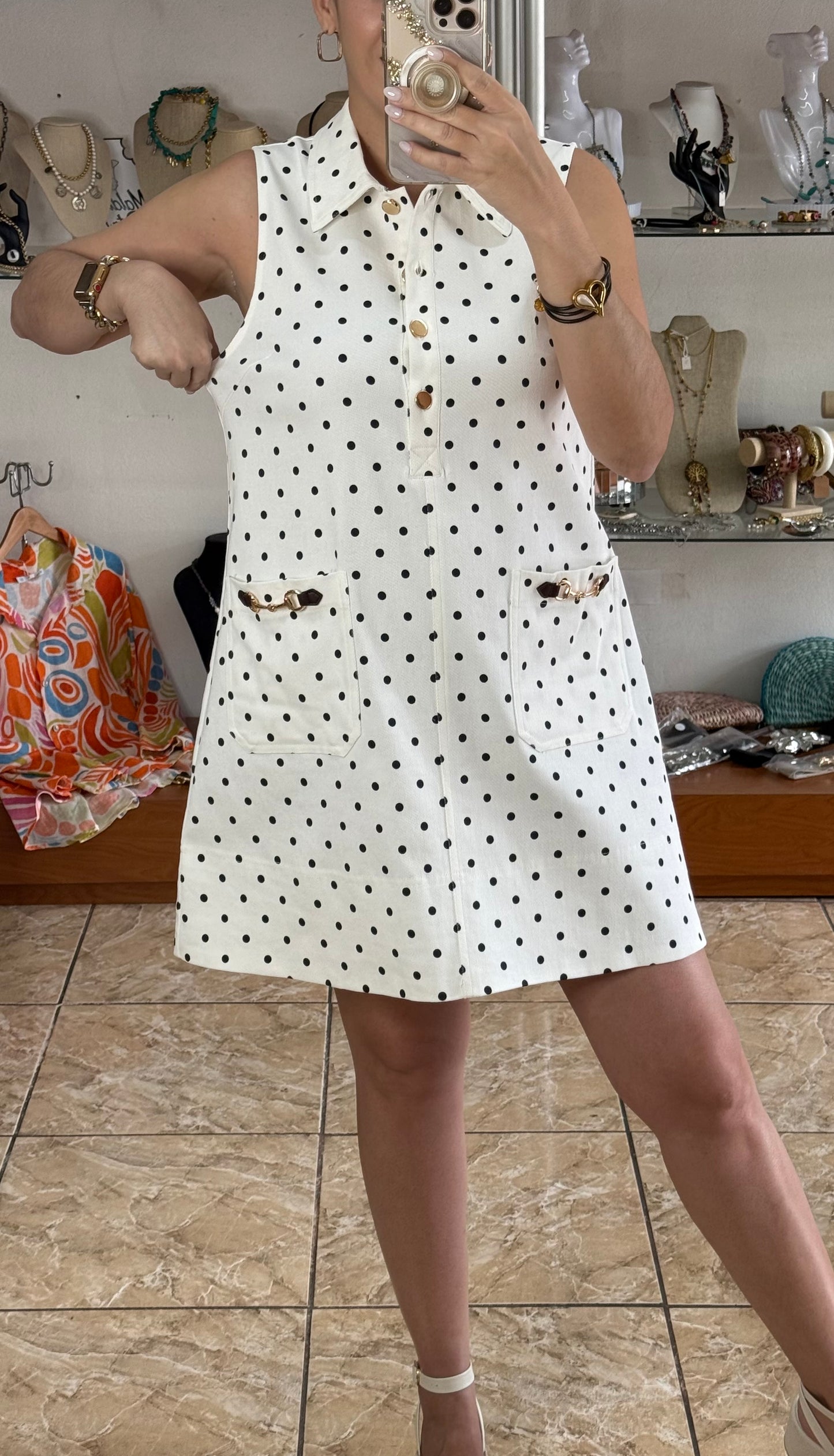 Polkadots Gold Buttons Mini Dress (NO RETURNS OR EXCHANGE)