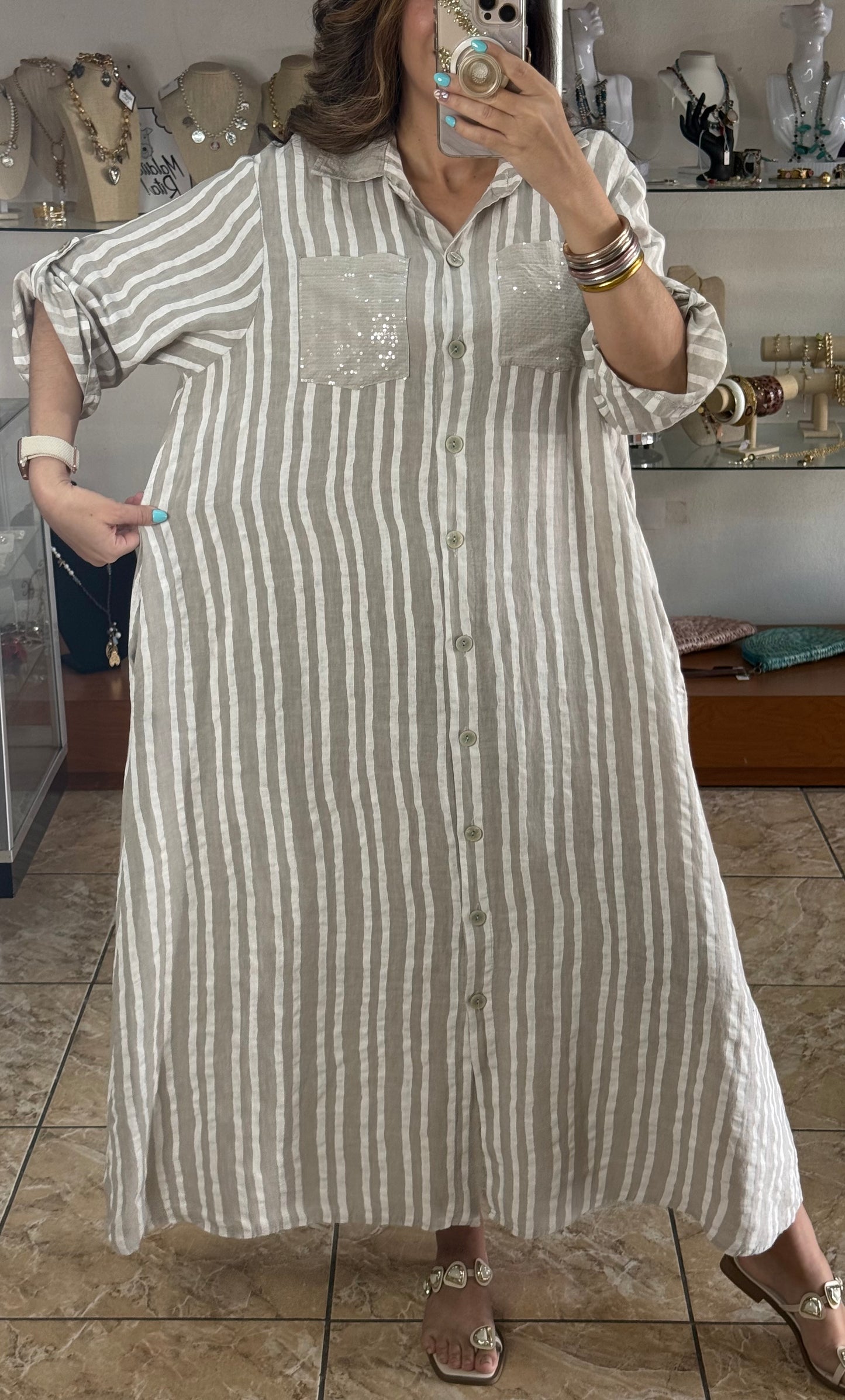 Stripes Button Down OS Linen Maxi Dress (NO RETURNS OR EXCHANGE)