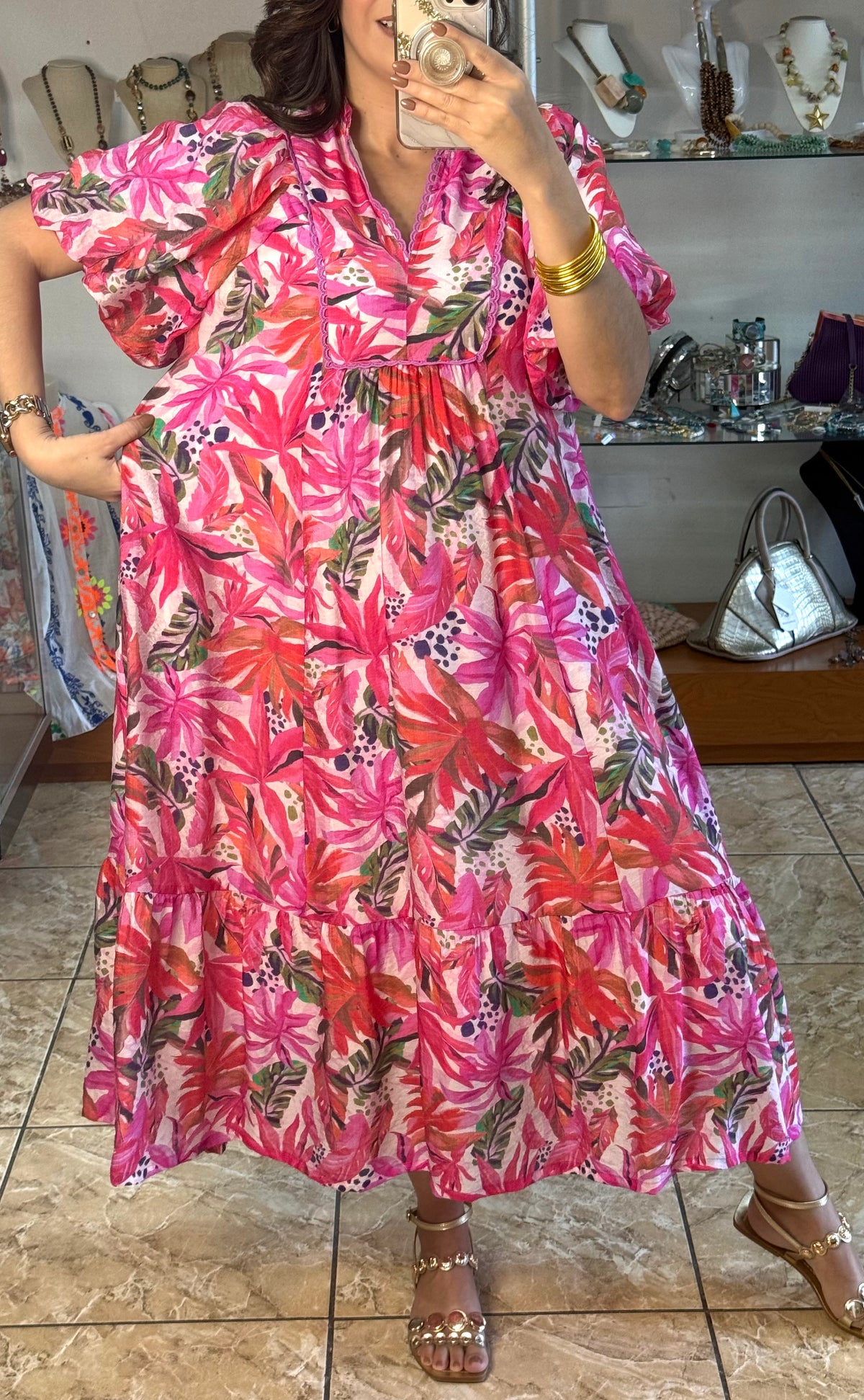 Hot Pink Tropical Midi Dress