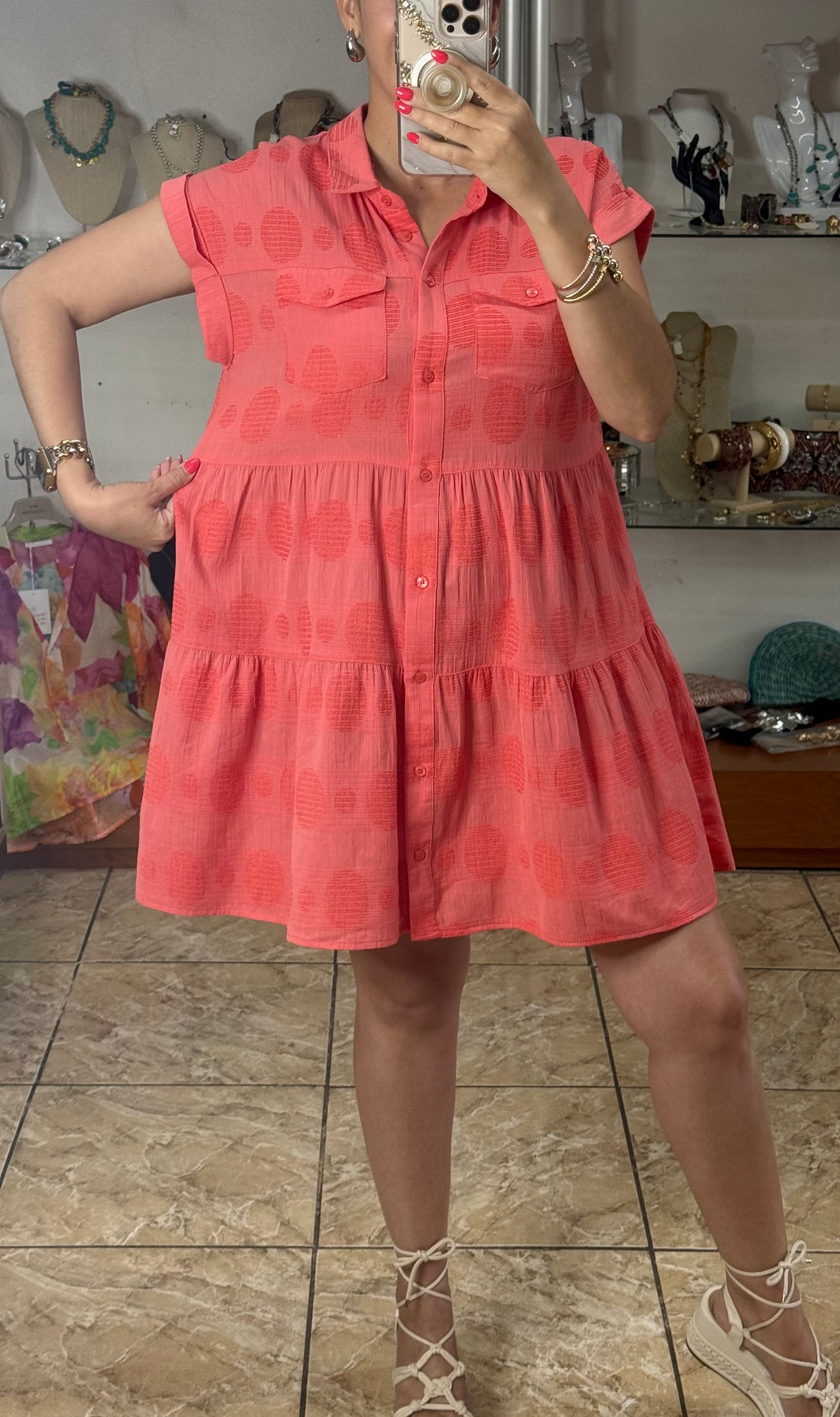Coral Dobby Dot Jacquard Mini Dress