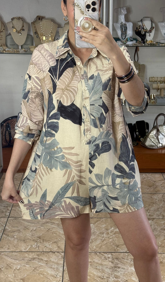 Beige/Blue Leaves Romper