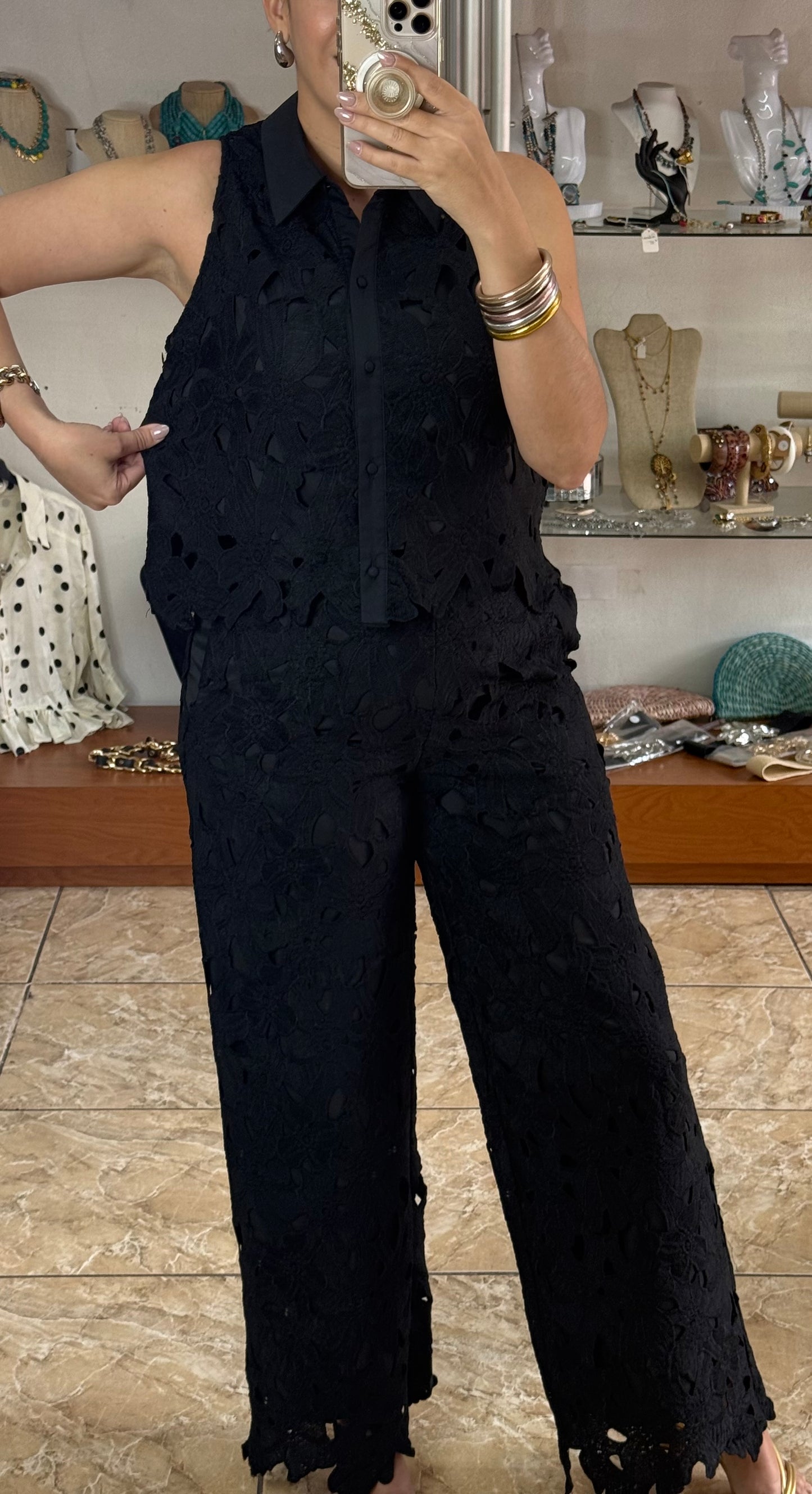 Black Lace Top and Pant Set