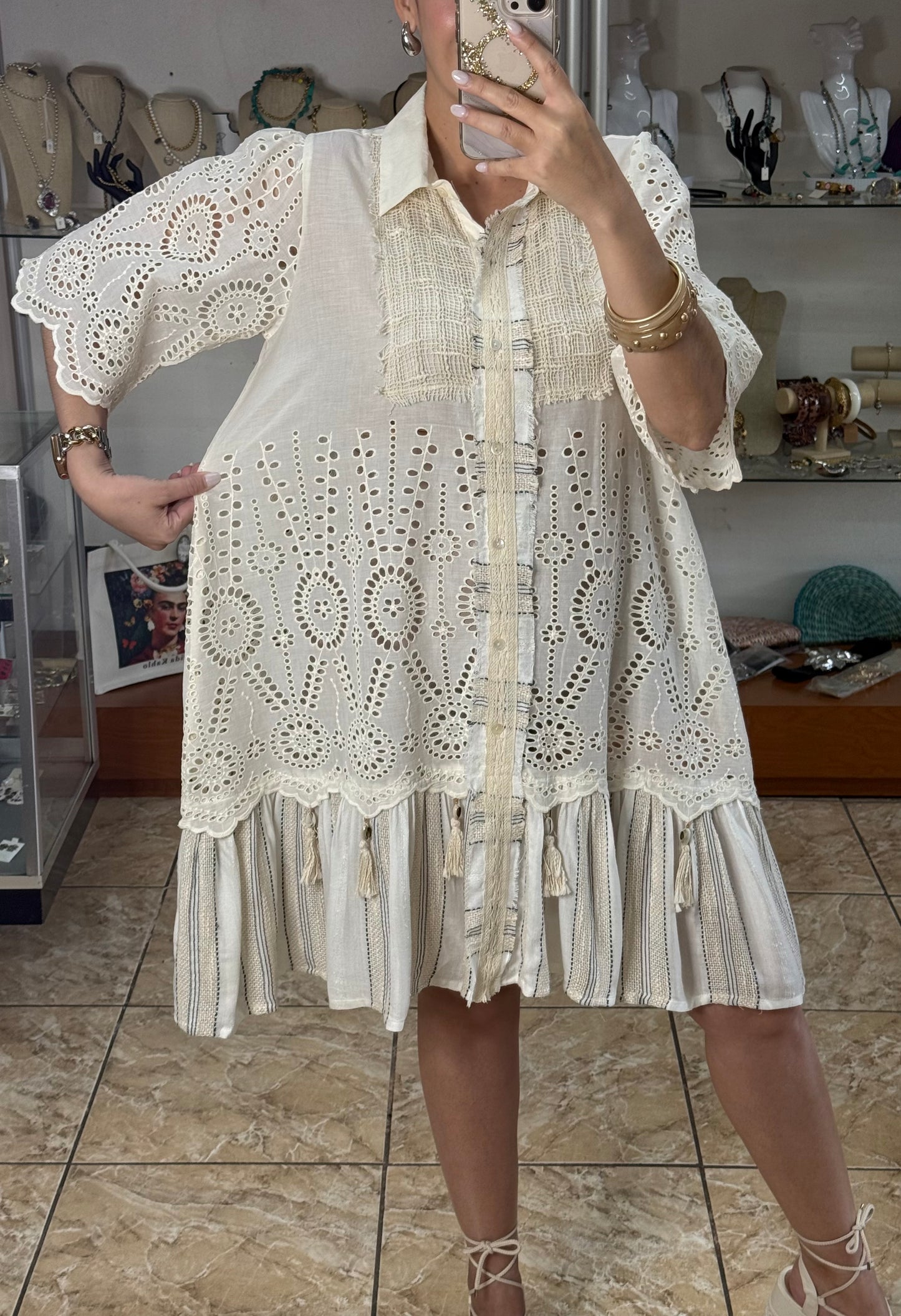 Natural Eyelet Button Down Dress