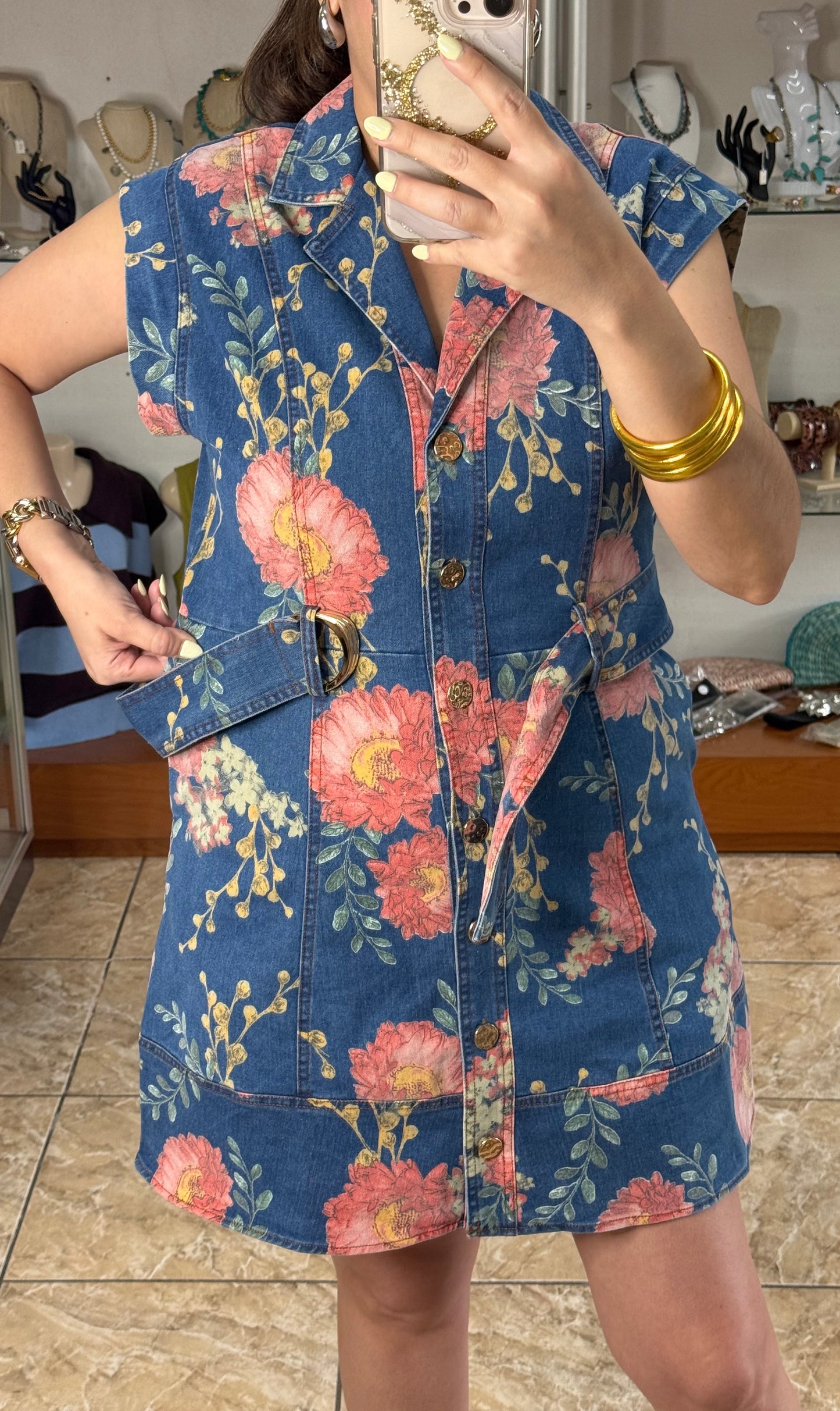 Denim Floral Belted Mini Dress