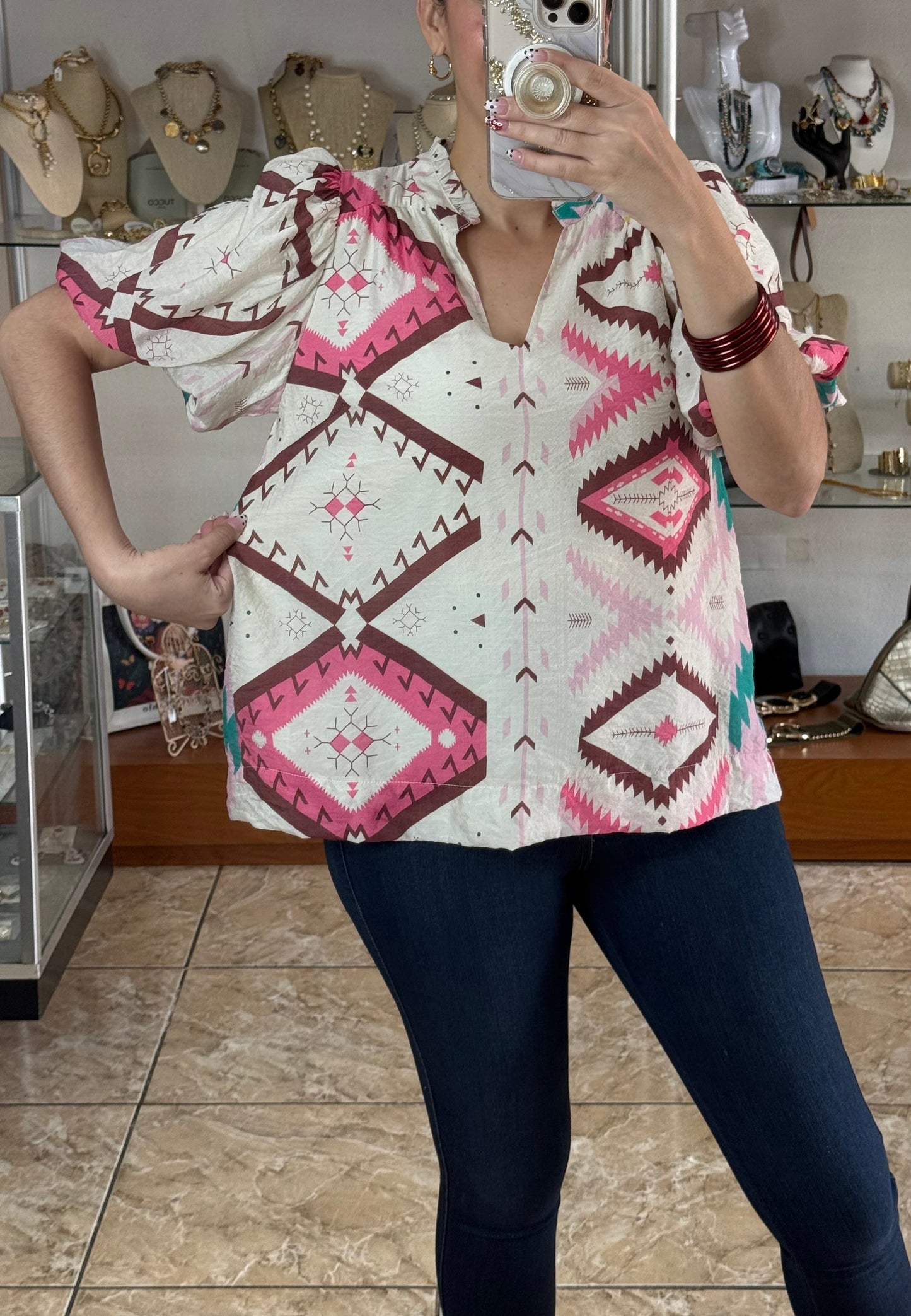 Cream Mix Puff Sleeves Top