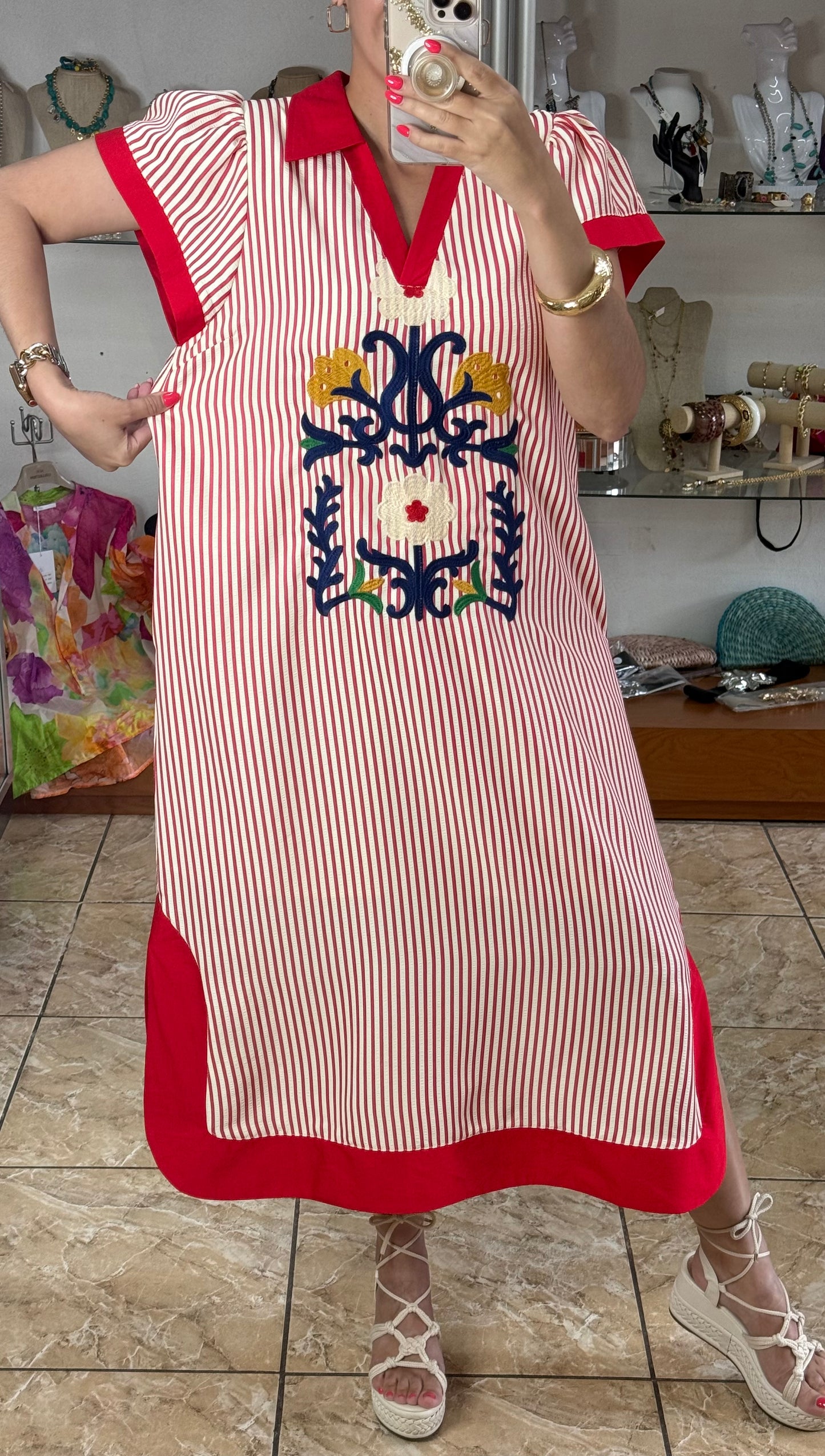 Red Stripes Embroidered Midi Dress