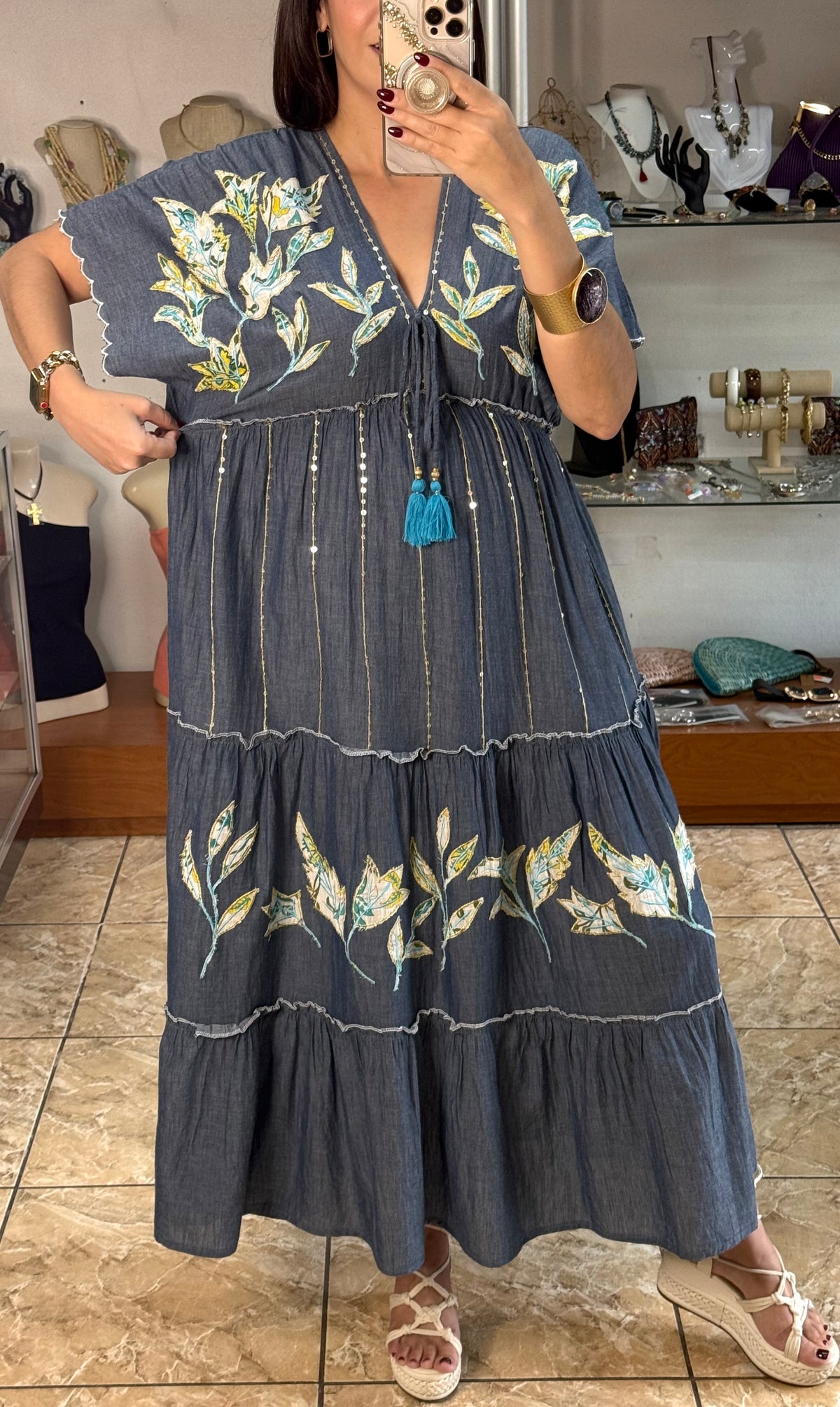 Embroidered Chambray Maxi Dress
