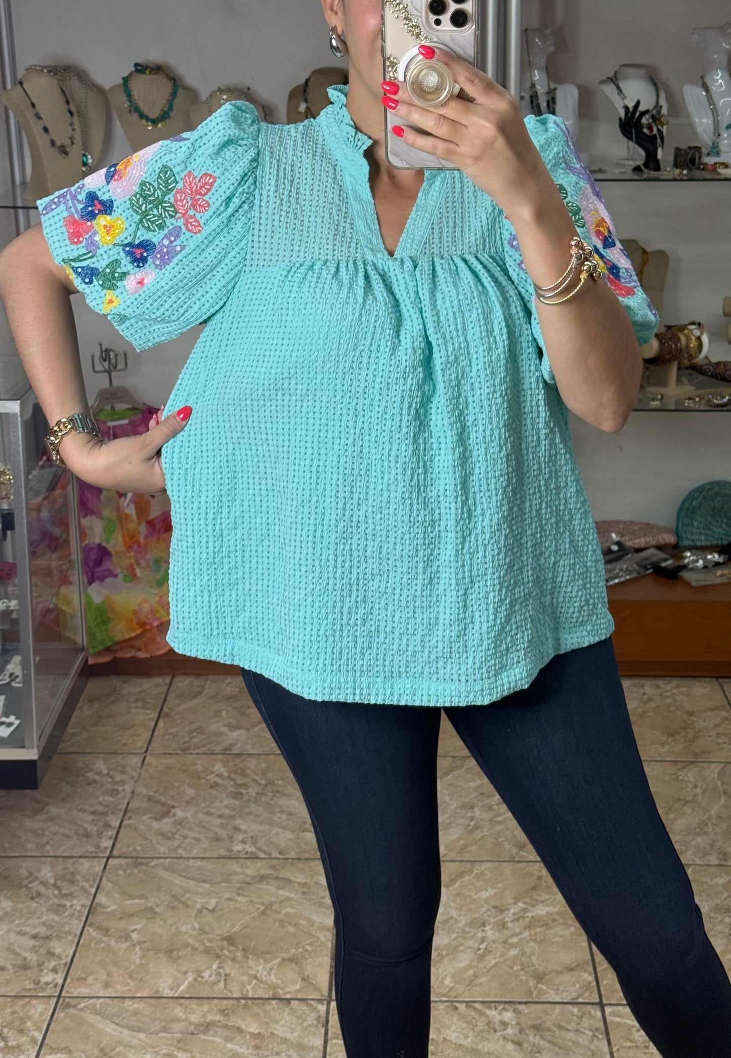 Mint Blue Embroidered Top