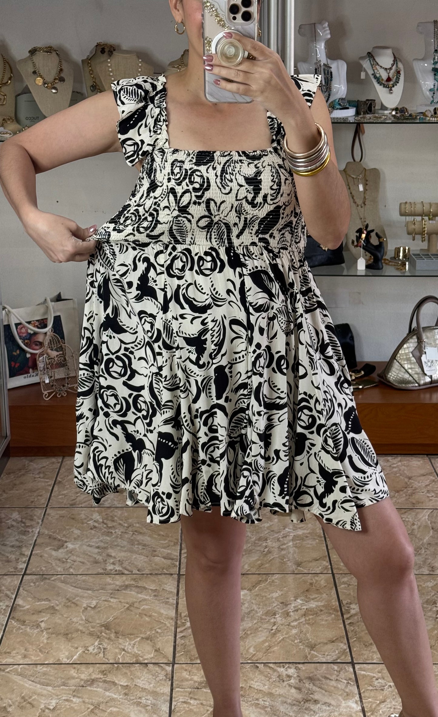 Off White/Black Floral Mini Dress