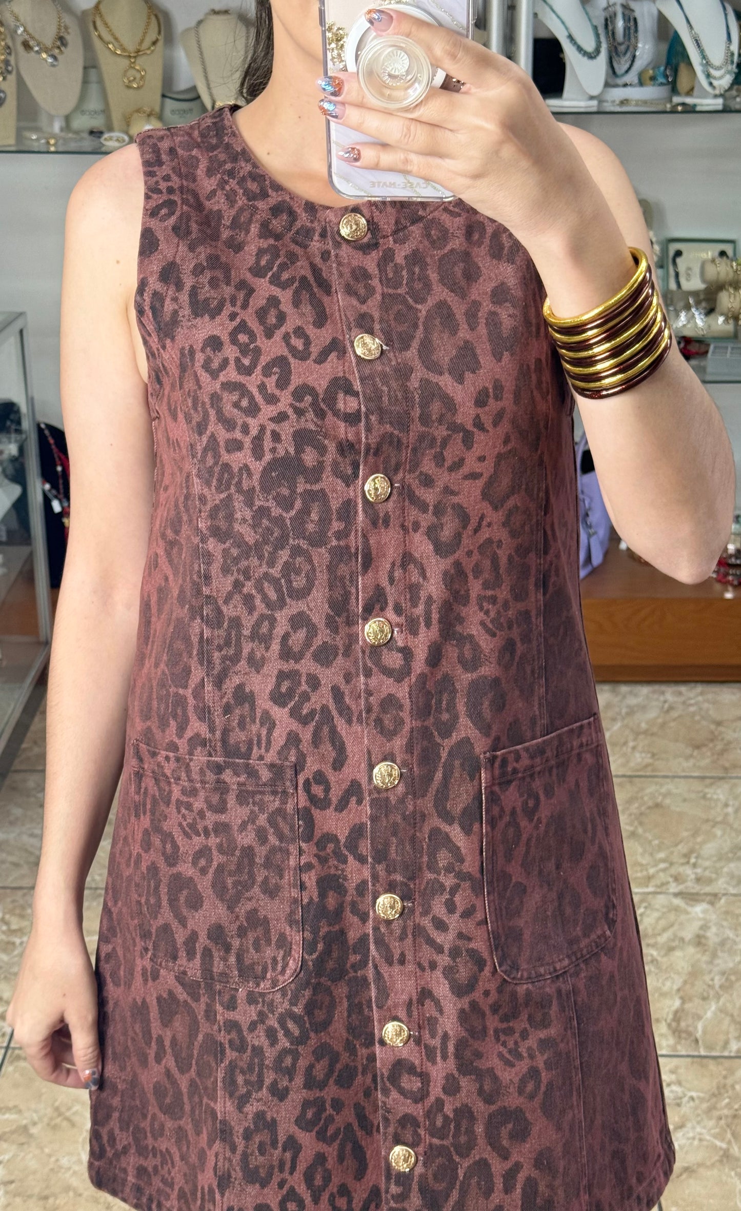 Leopard Sleeveless Denim Dress