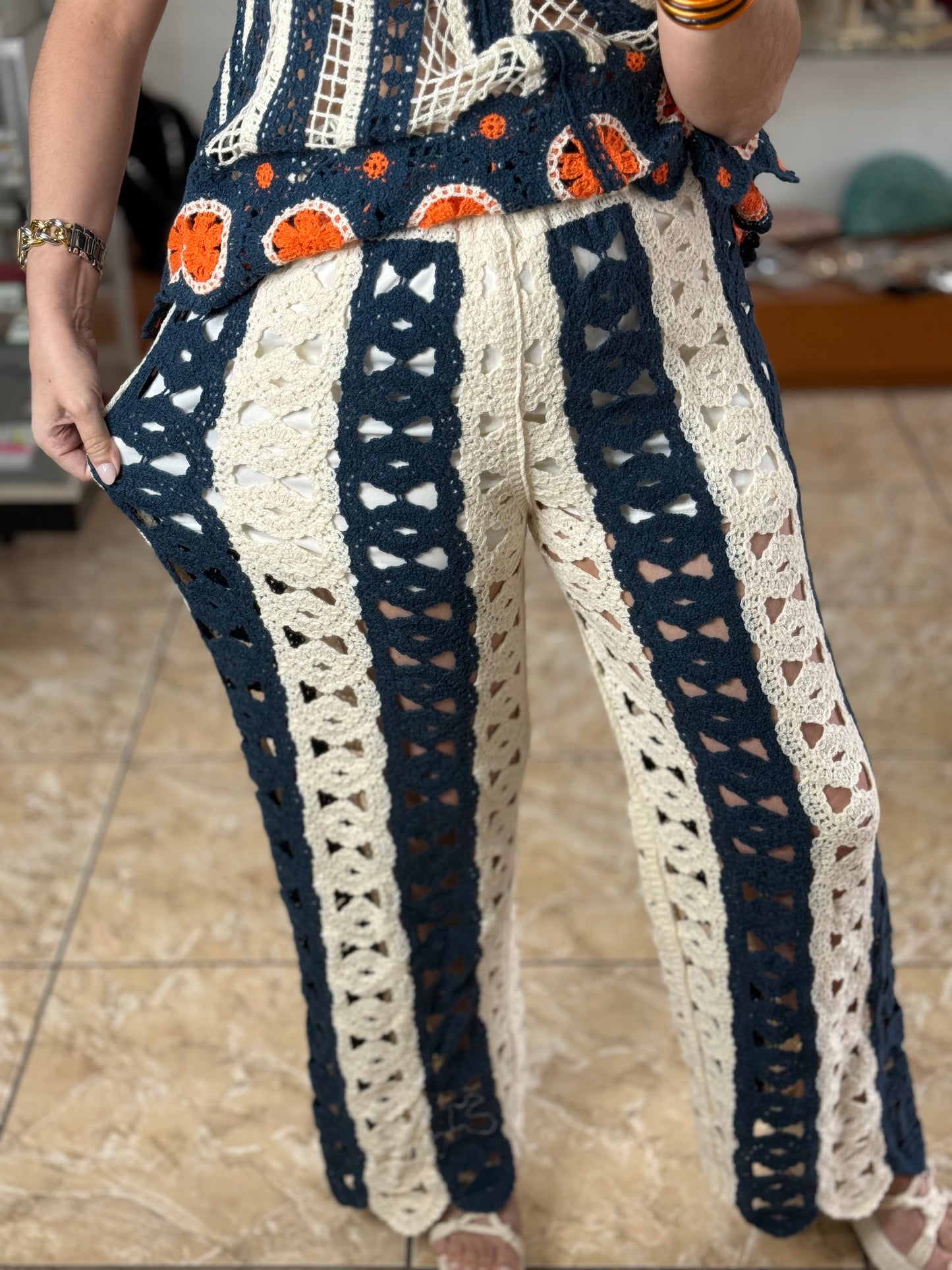 Cream/Navy OS Crochet Pant (NO RETURNS OR EXCHANGE) (TOP SOLD SEPARATELY)