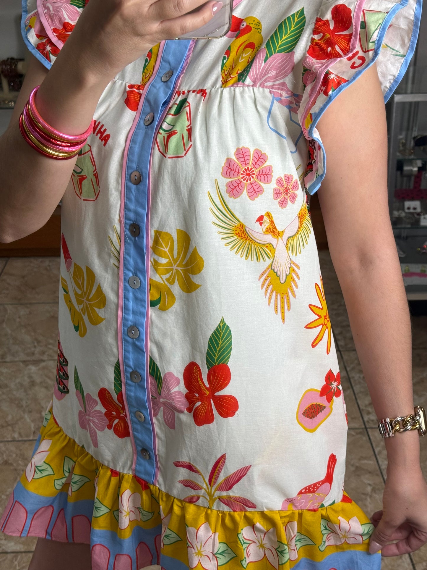 Flutter Sleeves Tropical Mini Dress