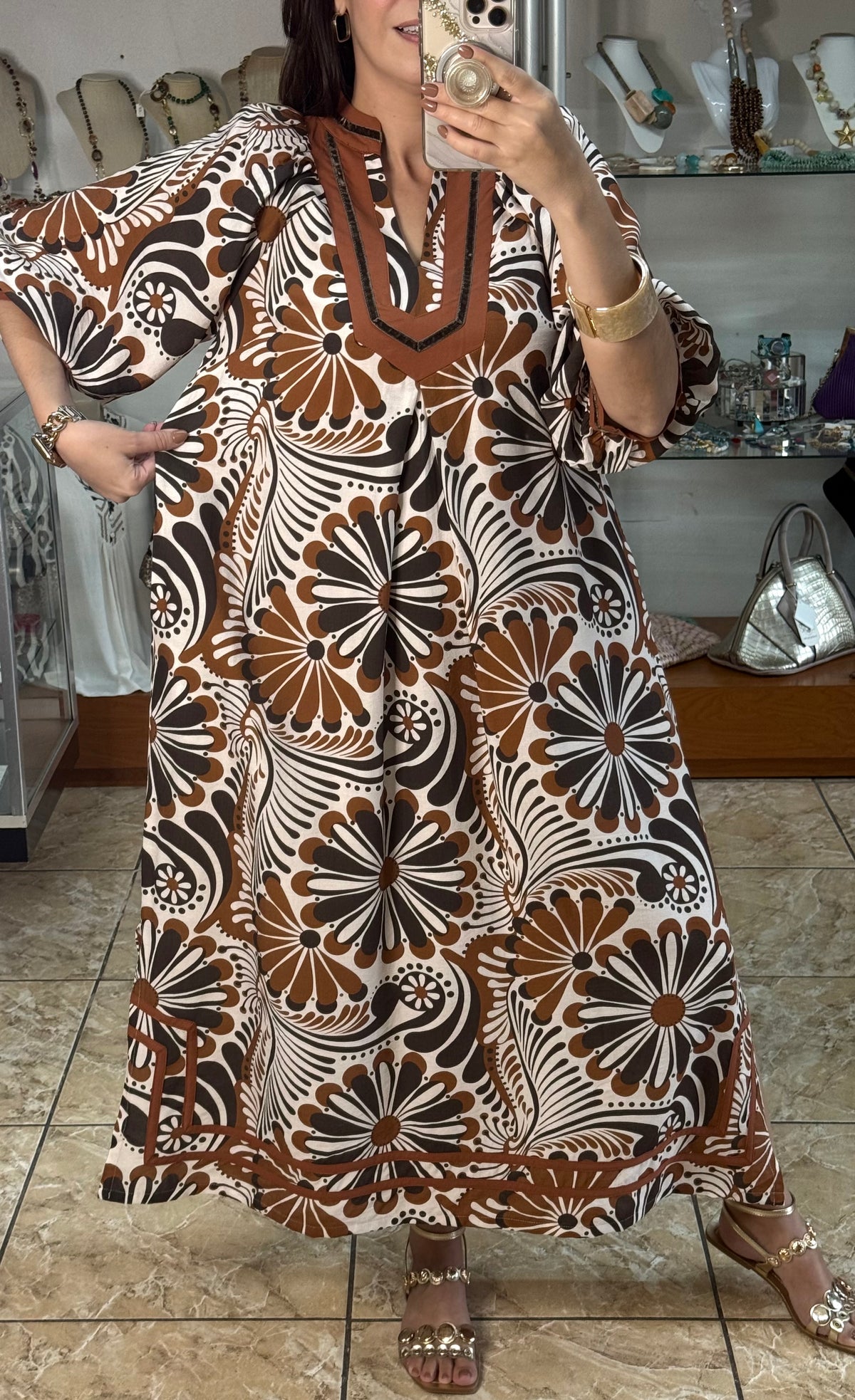 Brown Mix Abstract Print Midi Dress