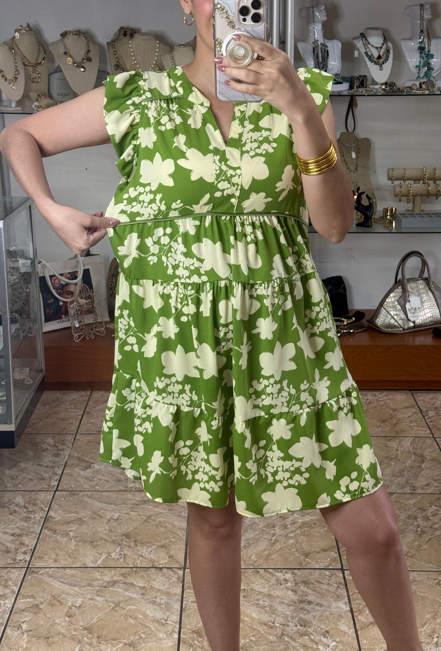 Green/Cream Ruffle Sleeves Mini Dress