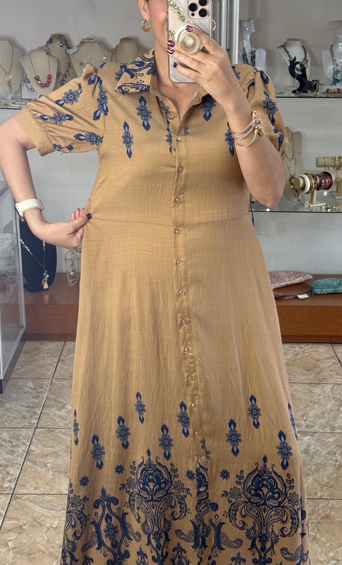 Khaki/Blue Maxi Floral Button Down Dress (Reg and Plus)