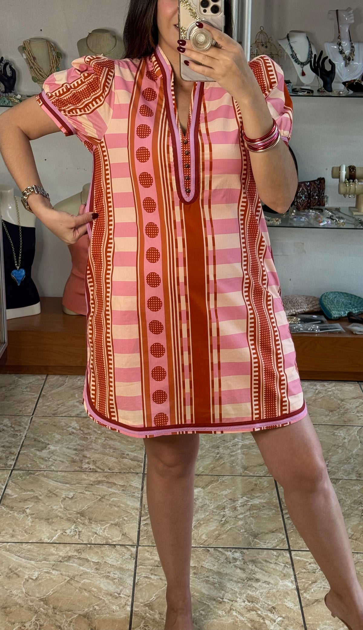 Rust Pink Mix Puff Sleeve Mini Dress