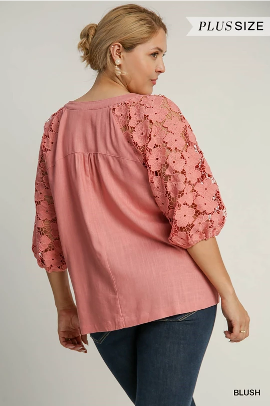 Floral Lace Sleeves Linen Top
