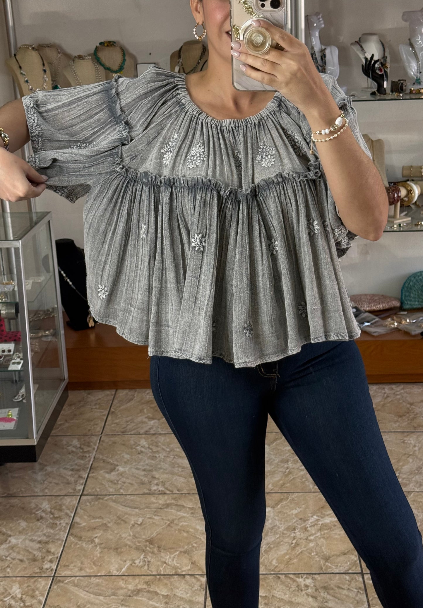 Gray Off Shoulder Floral Embroidered Top