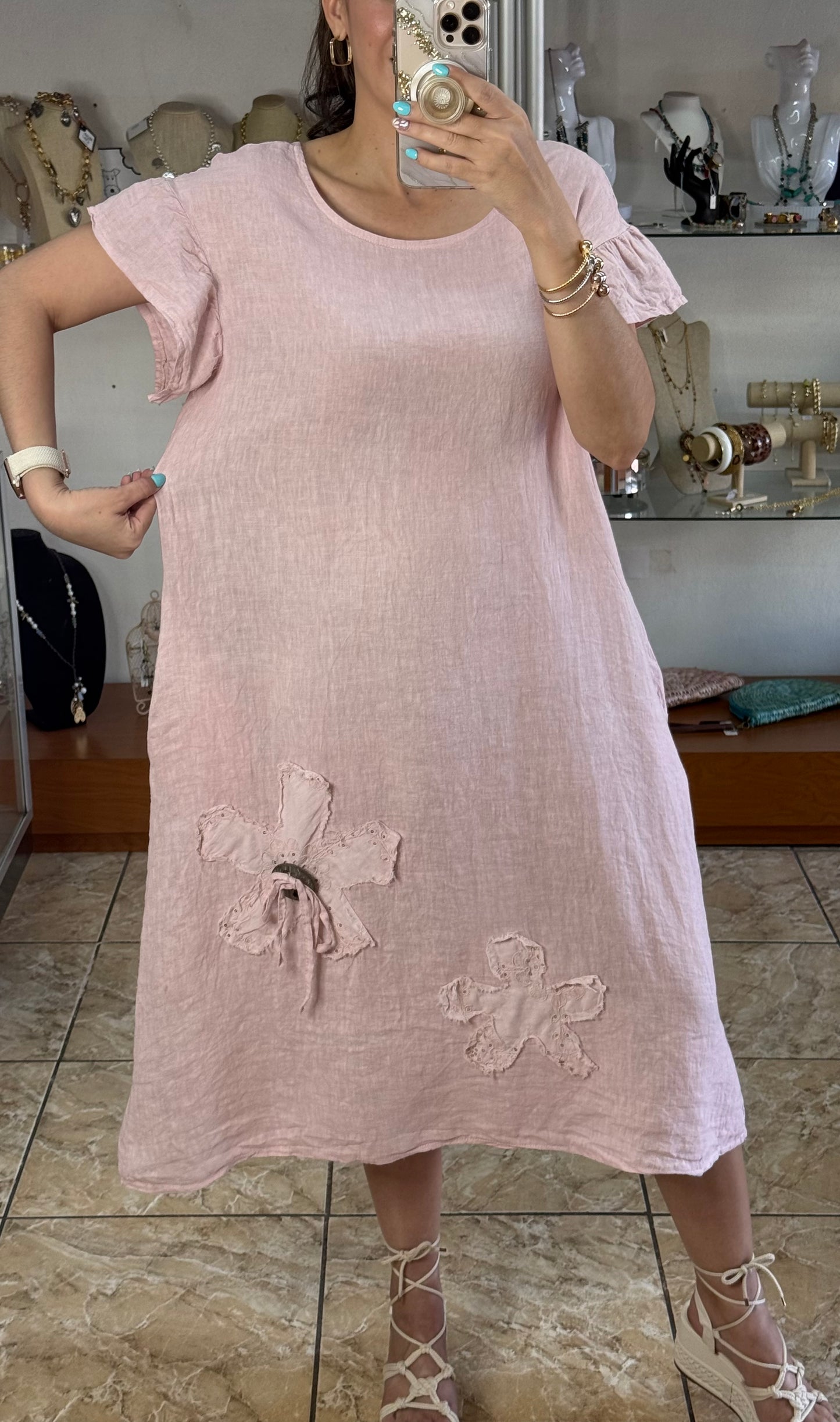 Soft Pink OS Linen Midi Dress (NO RETURNS OR EXCHANGE)