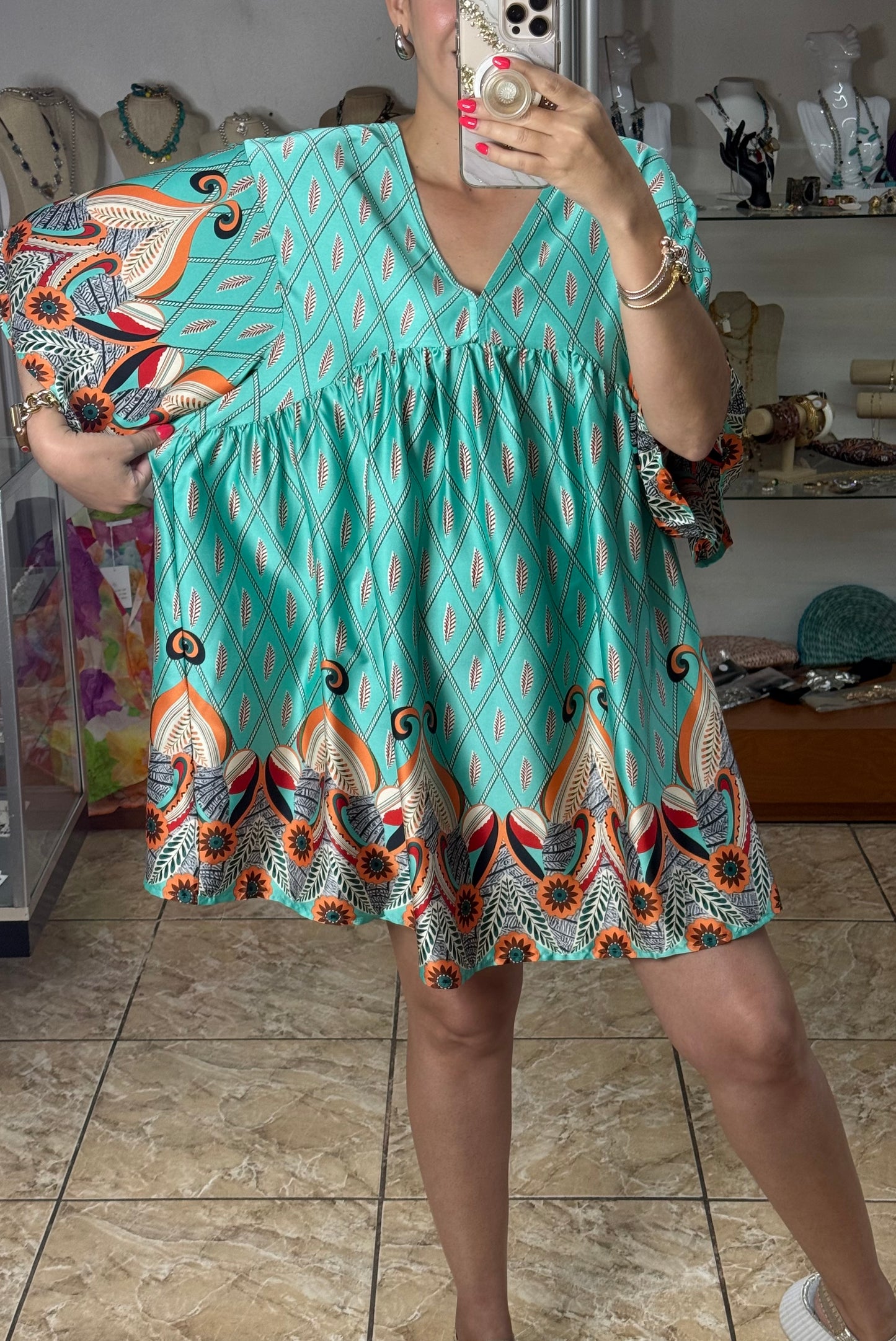 Mint Mix Kimono Sleeve Mini Dress