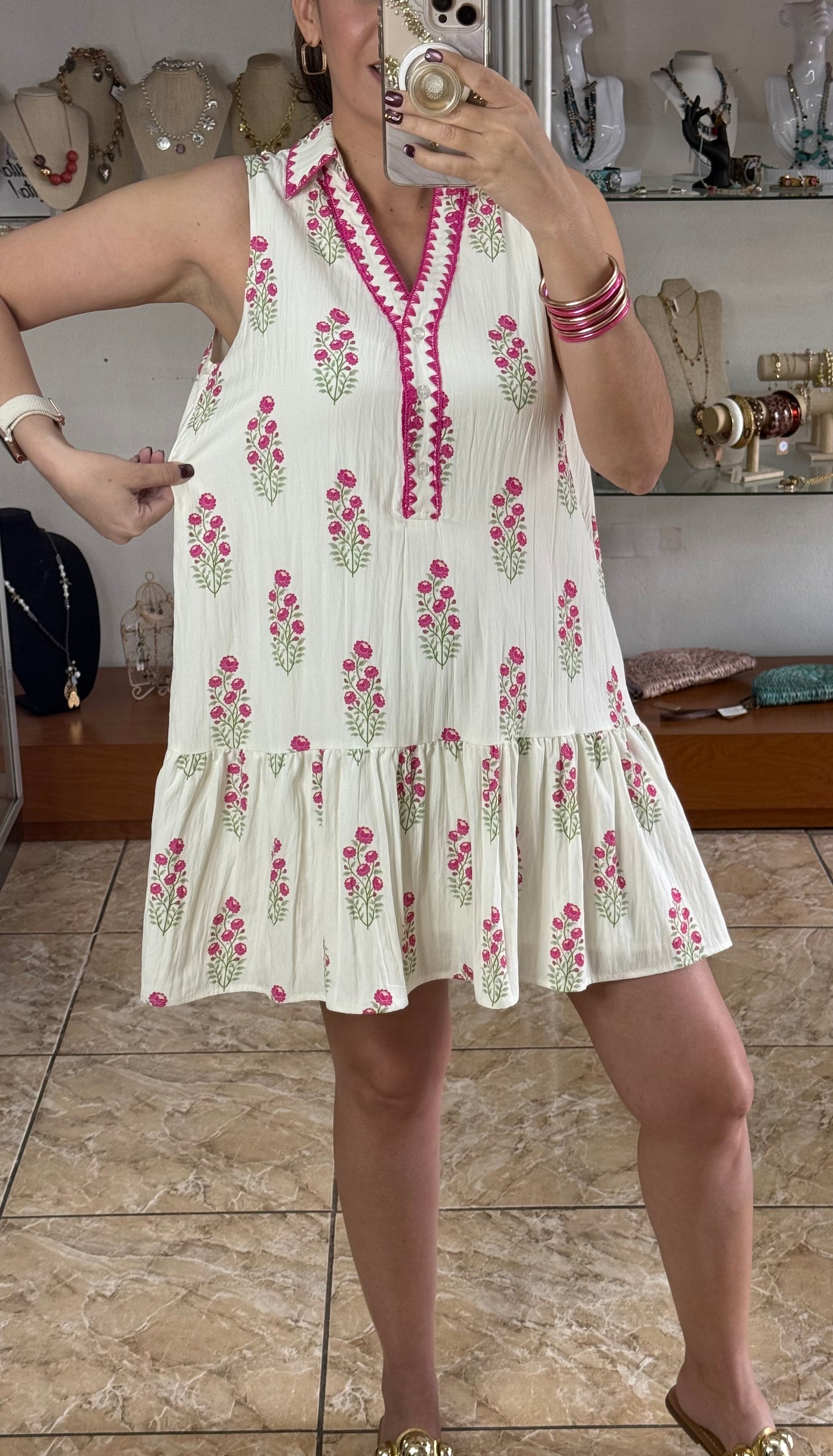 Cream/Pink Floral Mini Dress