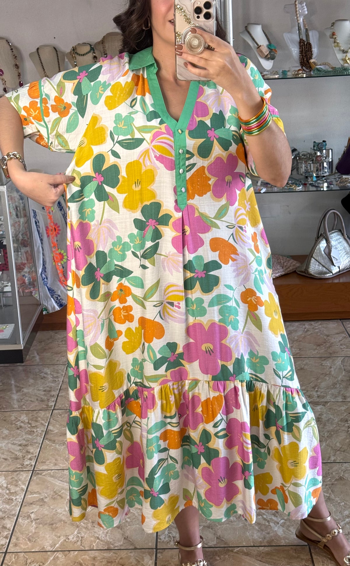 Green Mix Floral Tiered Midi Dress