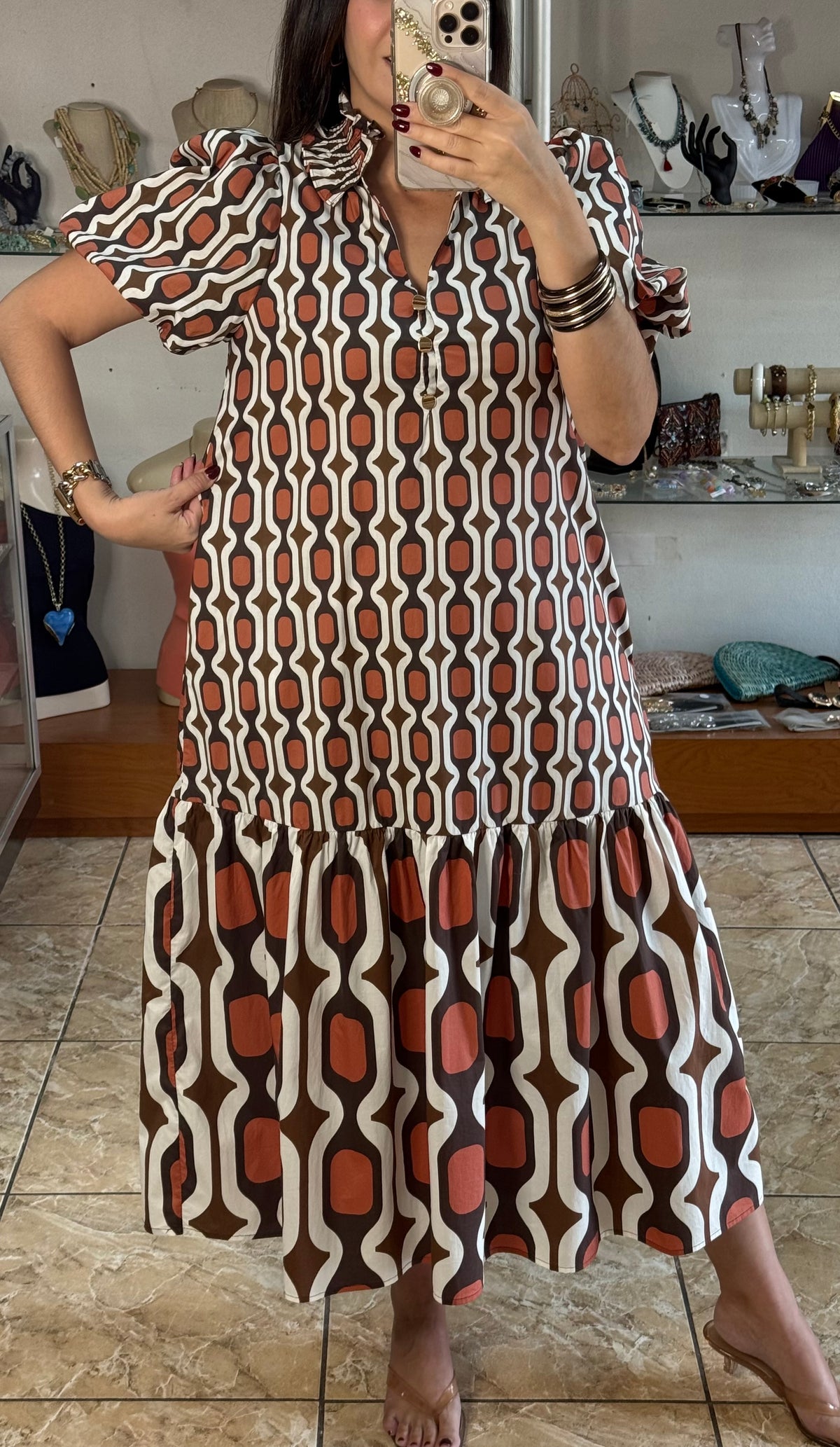Brown Mix Puff Sleeve Midi Dress