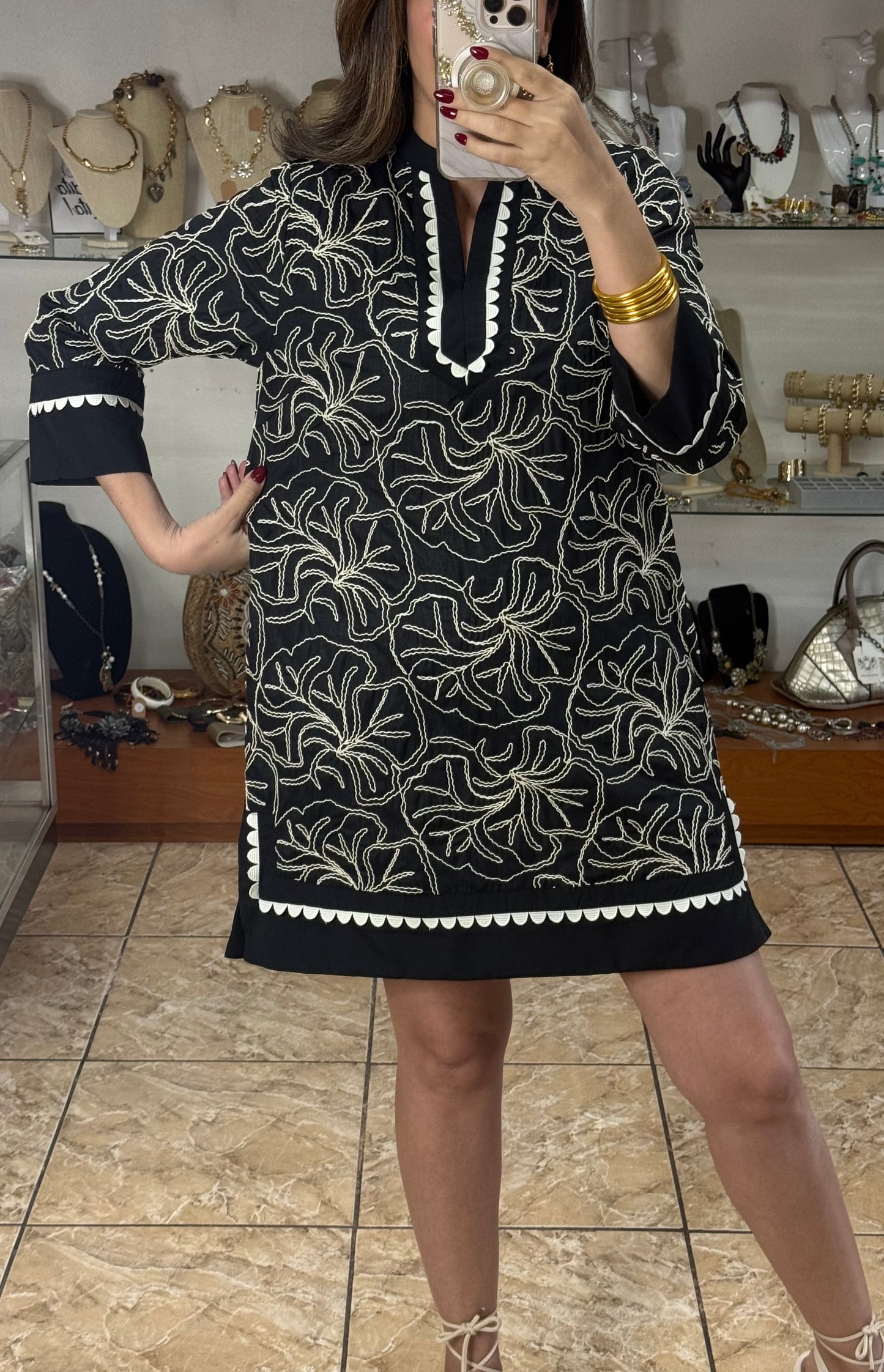 Black Embroidered Mini Dress