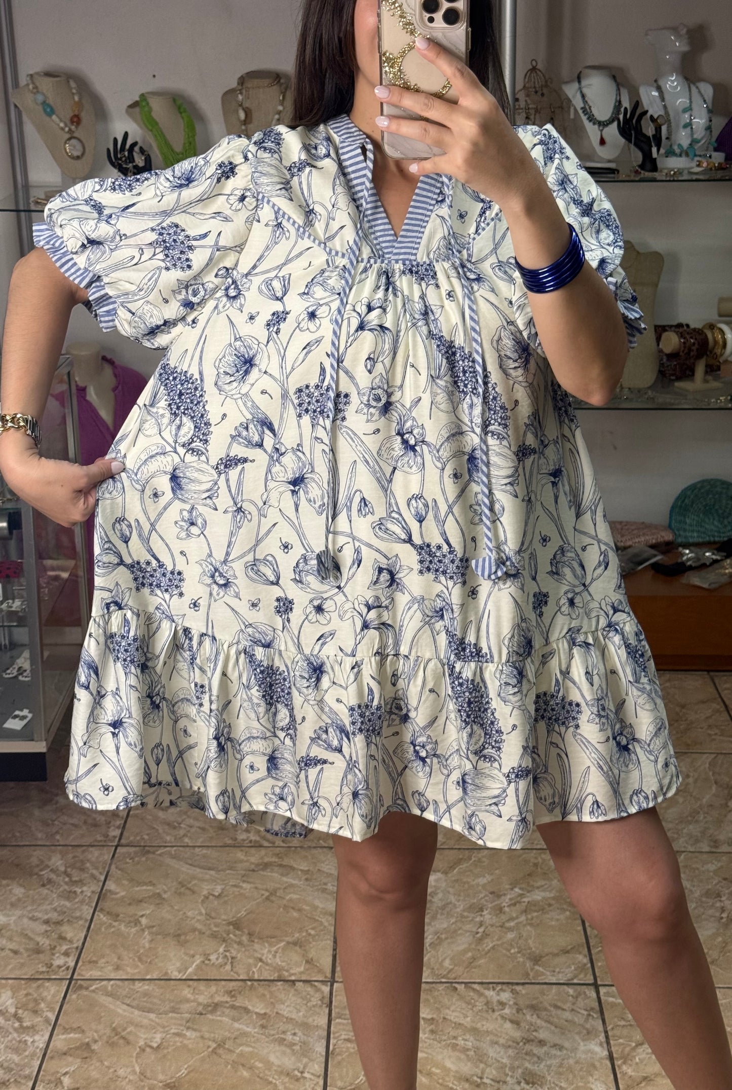 Blue Mix Floral Print Mini Dress