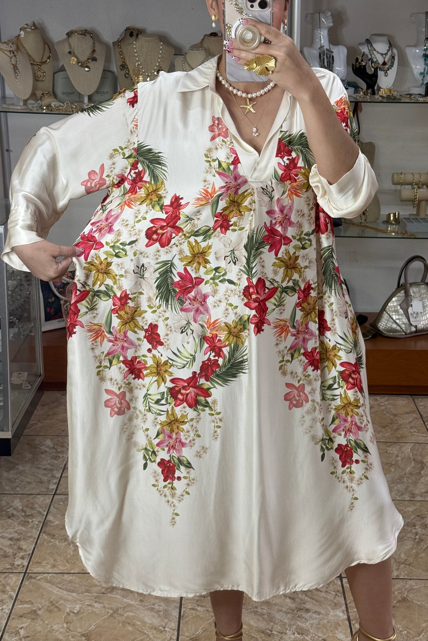Cream Floral OS Midi Dress (FINAL SALE)