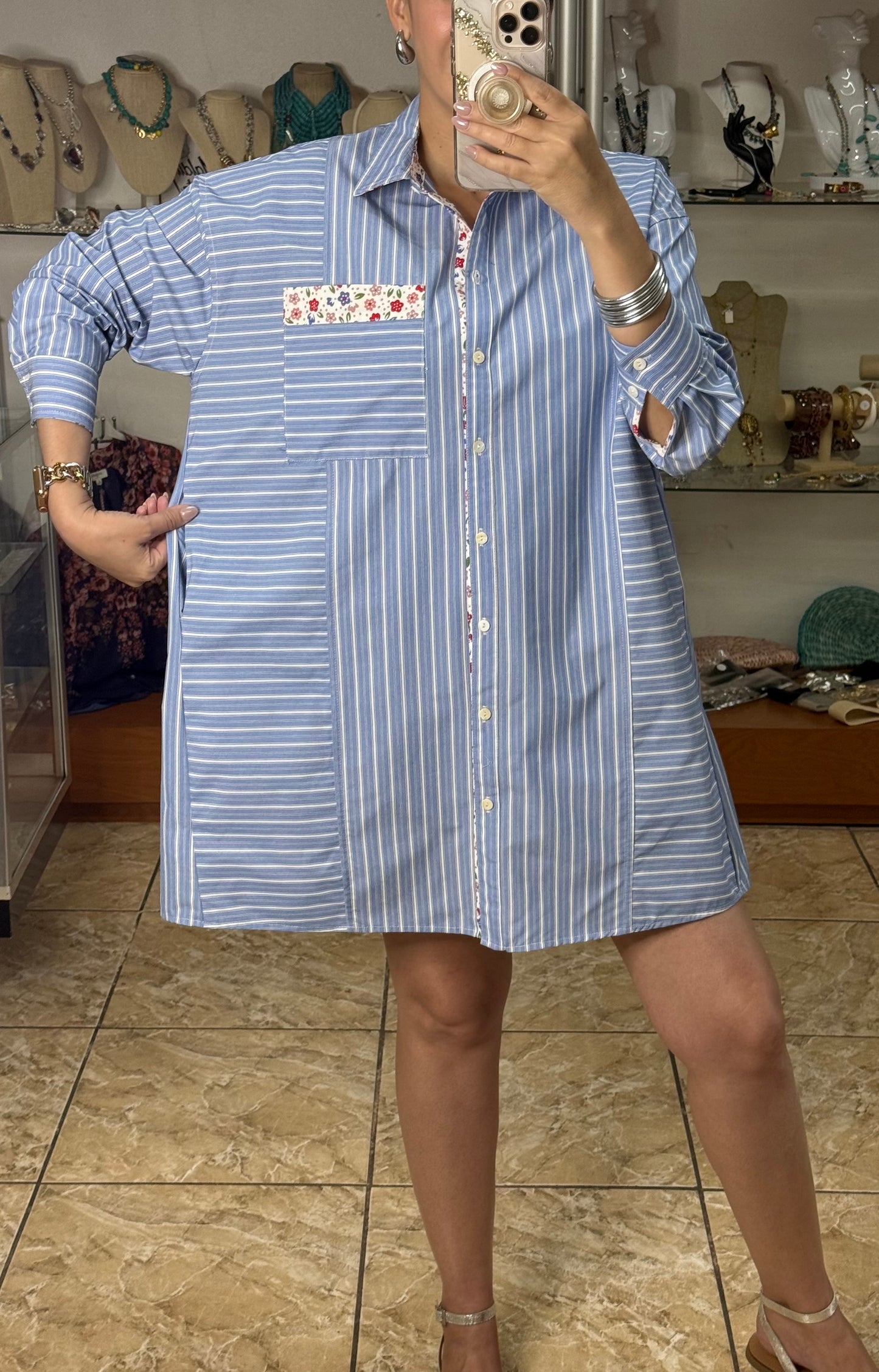 Stripes and Flowers Button Down Shirt Dress
