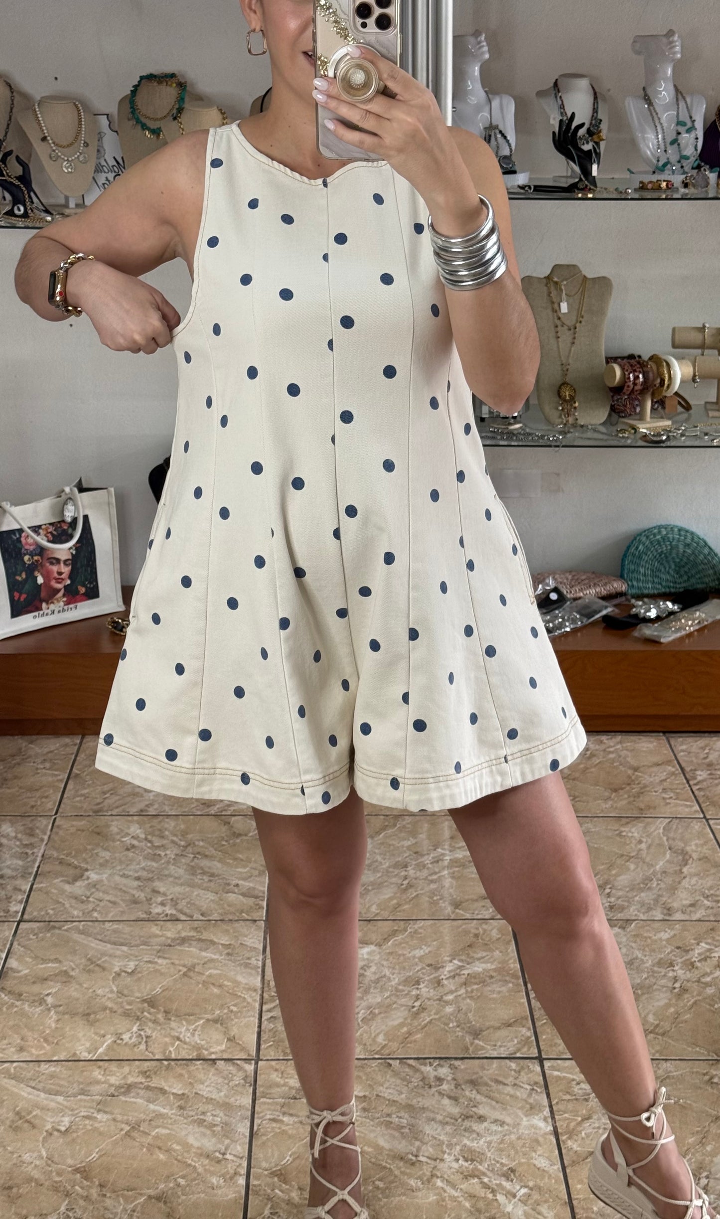 Cream/Navy Denim Romper