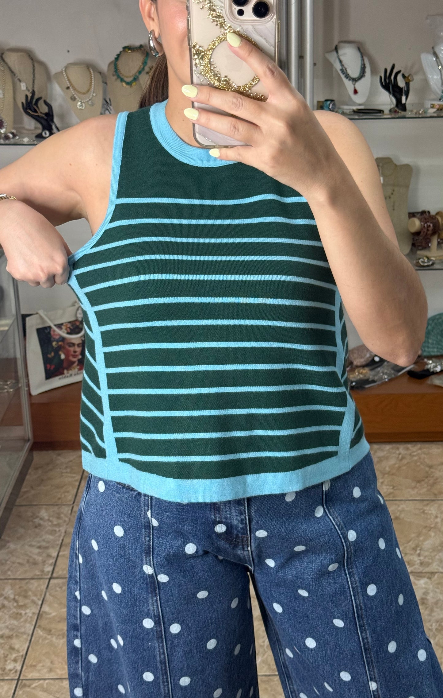 Hunter Green Sleeveless Stripes Sweater Top