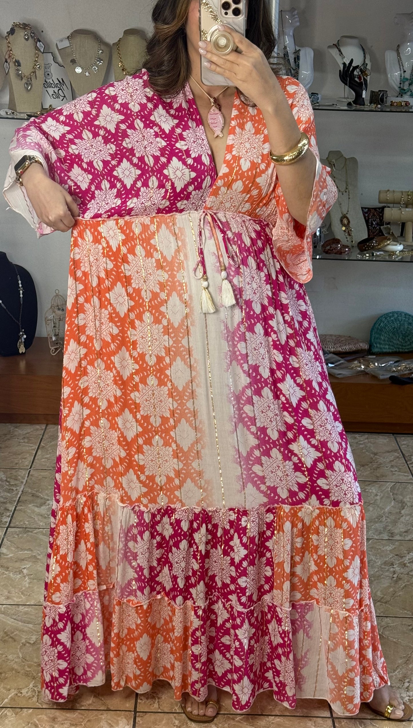Pink/Orange OS Boho Maxi Dress (NO RETURNS OR EXCHANGE)