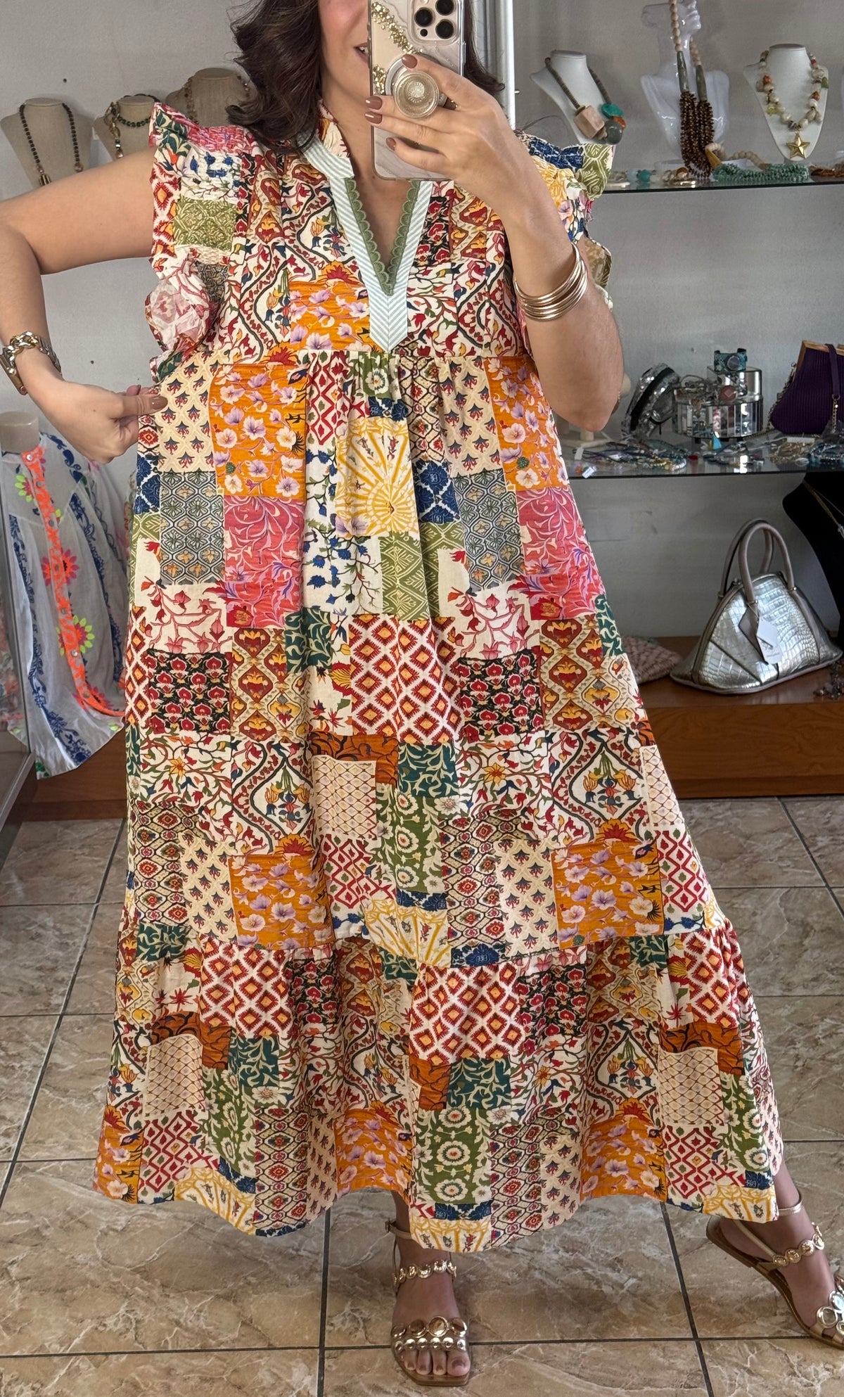 Patchwork Print Ruffle Sleeve Tiered Midi Dress